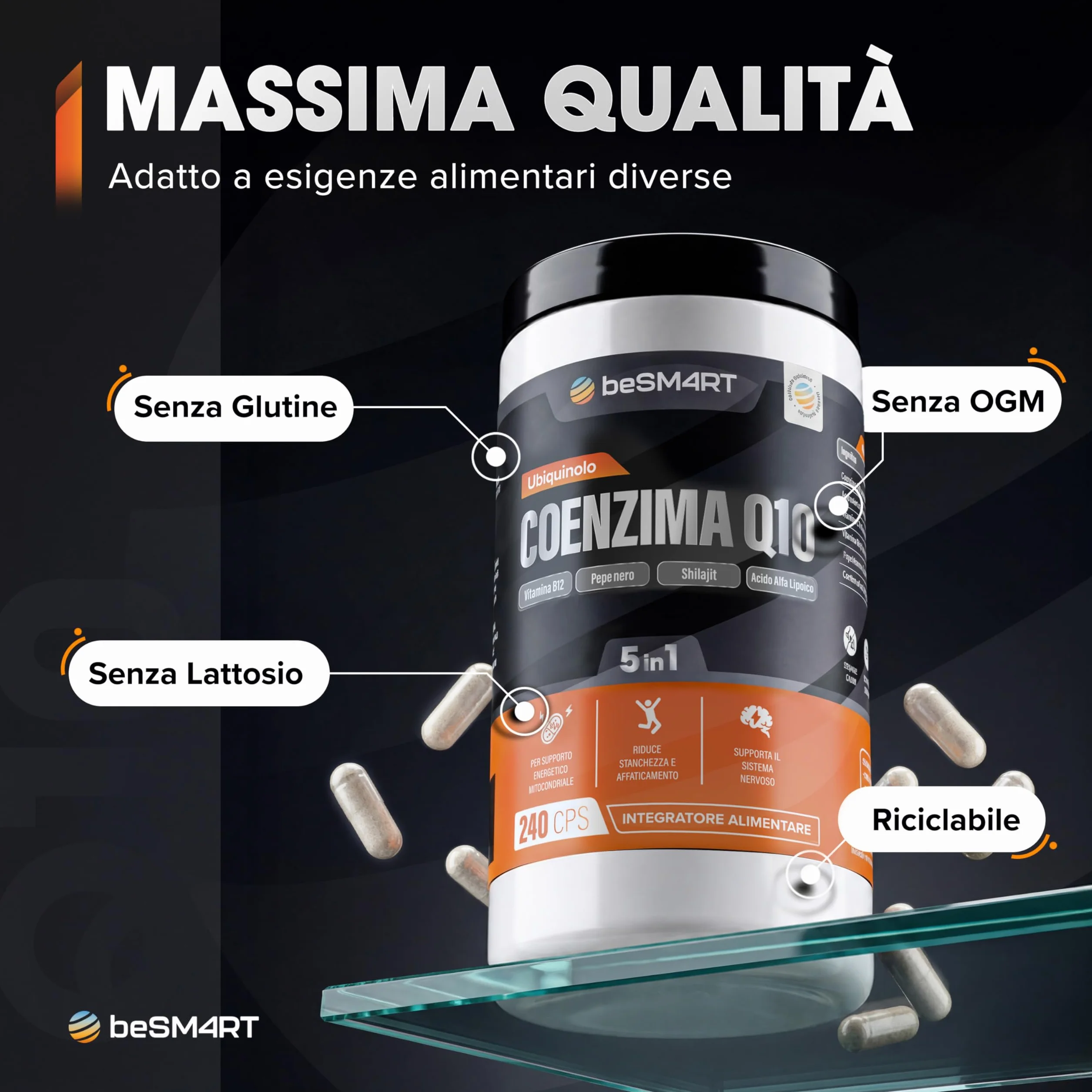 Coenzima Q10 240 Capsule Ubiquinolo 200 mg Alta Biodisponibilità Shilajit Acido Alfa Lipoico Vitamina B12 Pepe Nero Supporto Energia