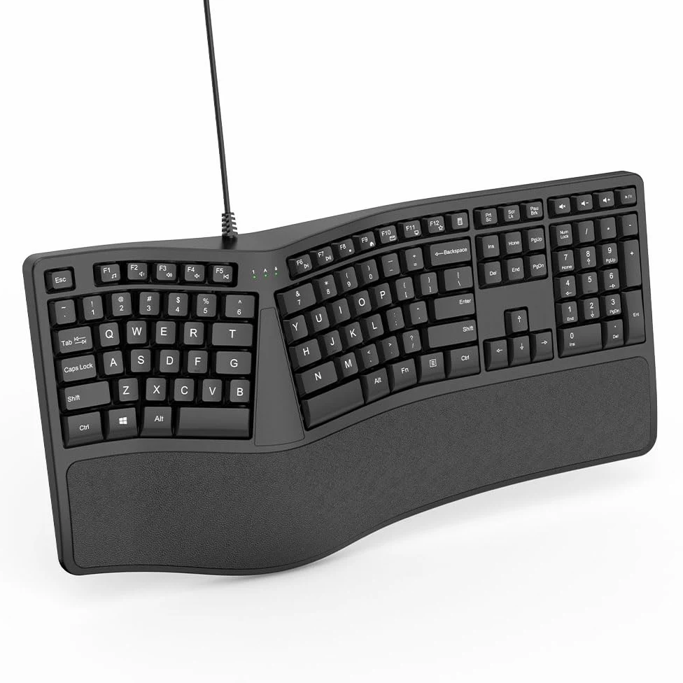SurnQiee Tastiera ergonomica cablata con poggiapolsi imbottito, 110 tasti, tastiera divisa per PC (nero)