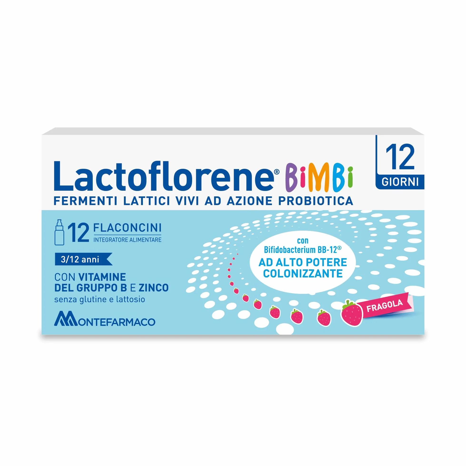 Lactoflorene Bimbi Integratore Fermenti Lattici con Zinco e Vitamine B Gusto Fragola 12 Flaconcini