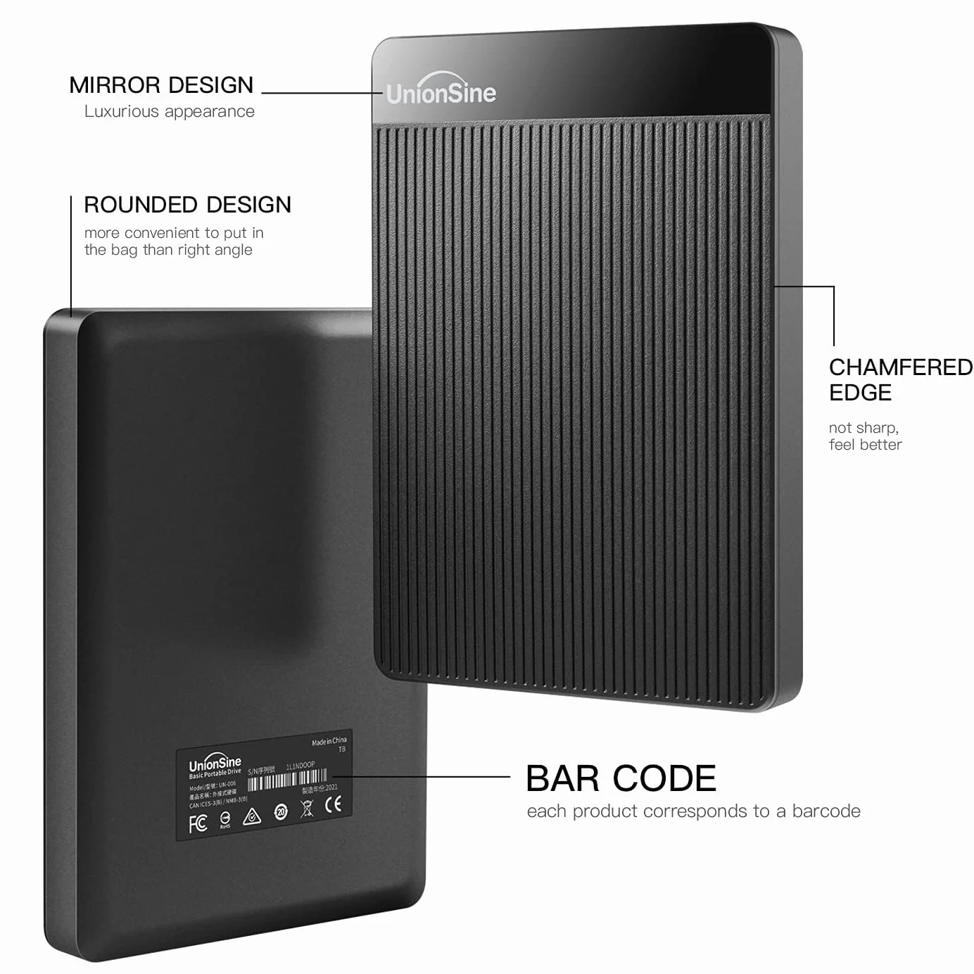UnionSine Hard Disk Esterno 2,5" 500GB Ultra Slim Portatile USB3.0 SATA HDD Nero