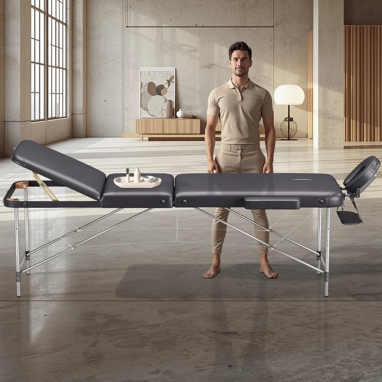 Beltom Lettino per Massaggi 3 Zone Alluminio 195x70 Cm Portatile Pieghevole Nero