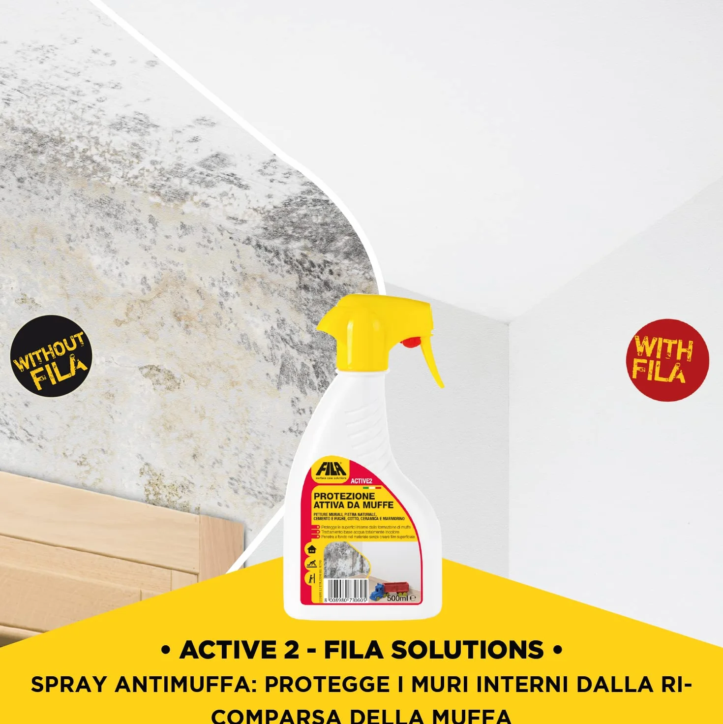 FILA ACTIVE2 Protettivo Anti Muffa Spray Trasparente 500ml per Muri Interni