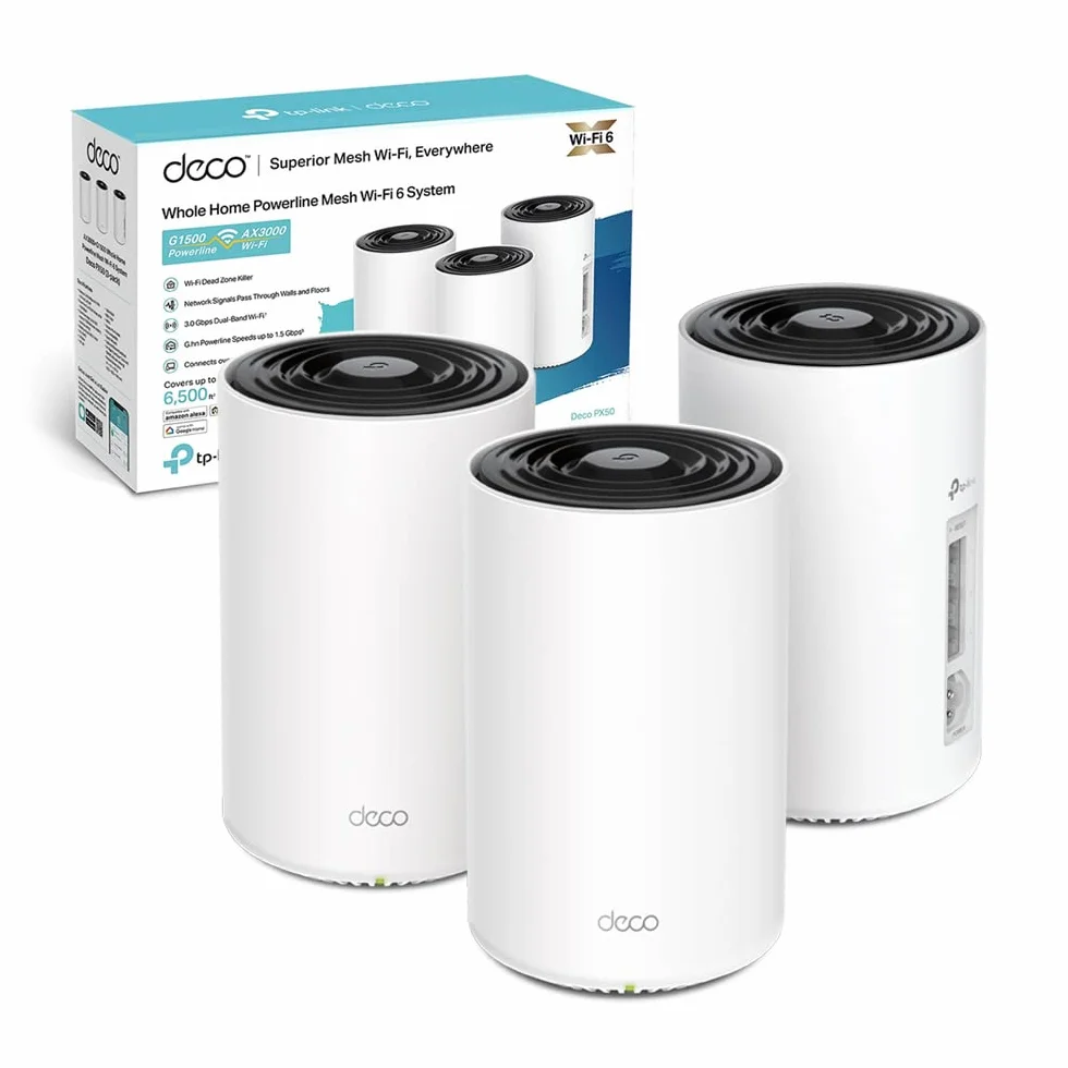 TP-Link Set mesh WLAN Deco PX50 Powerline (pacchetto di 3), Wi-Fi 6 dual-band AX3000+ G.hn G1500, portata fino a 600 m², ideale per ambienti di grandi dimensioni e pareti spesse, WPA3, bianco