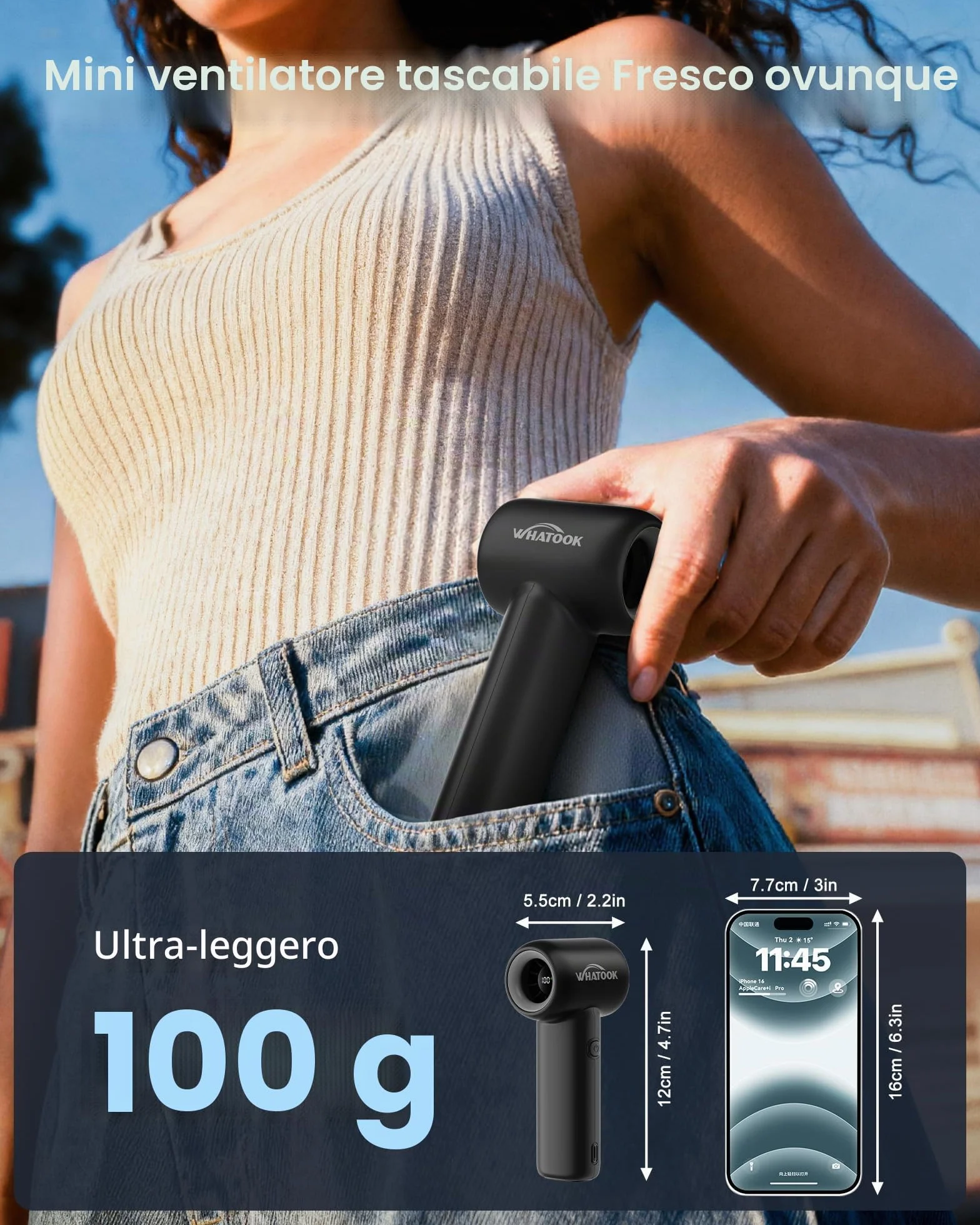 WHATOOK Mini ventilatore portatile, Ventilatore Turbo Portatile, Personale Ricaricabile USB ventilatore a batteria, Piccolo Ventilatore Tascabile a Batteria con 5 velocità