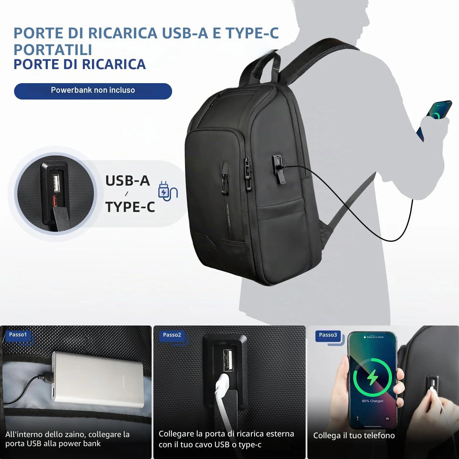 Zaino Uomo Elegante per Laptop da 16 pollici con Porta USB Bagaglio a Mano Zaino Porta pc Impermeabile Grande Capacità Antifurto per Business Lavoro Viaggi Università-Nero