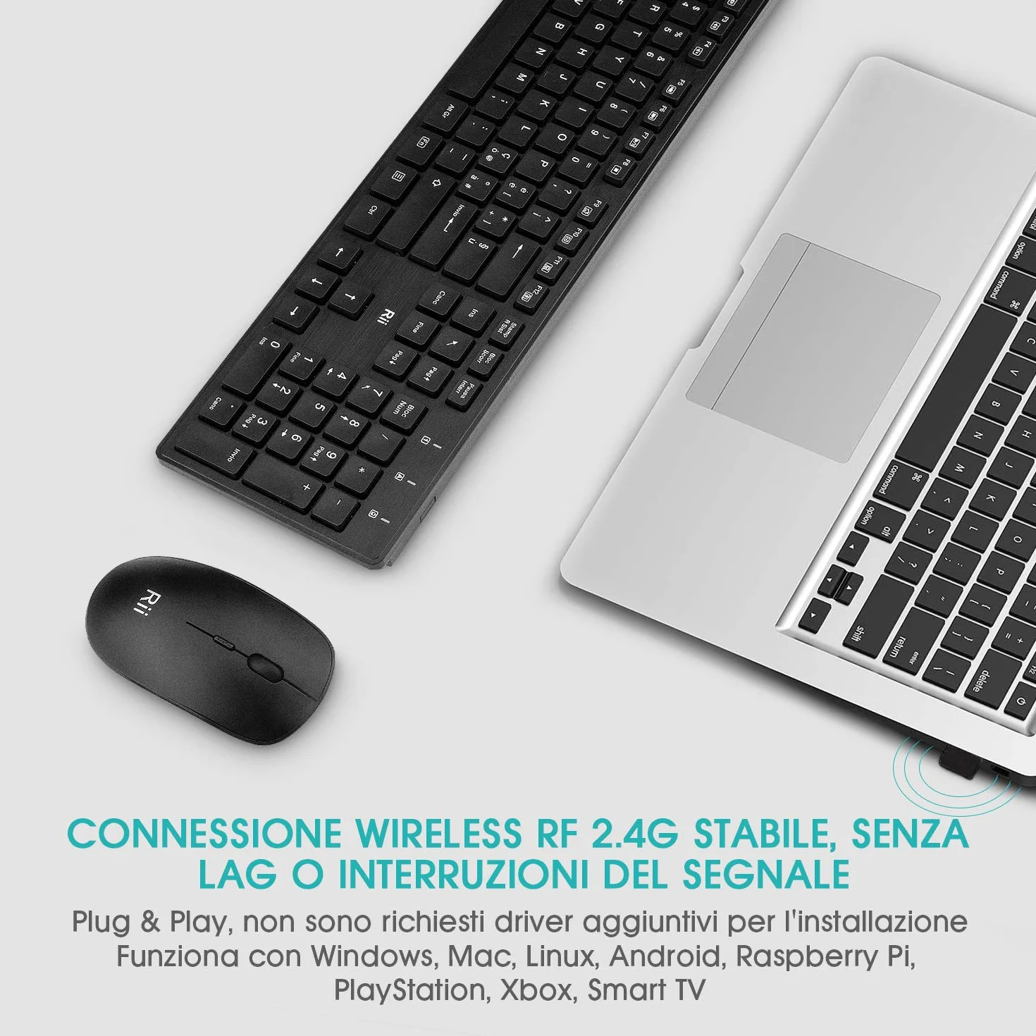 Rii RK200 Wireless - Set Tastiera e Mouse Senza Fili, Tastiera silenziosa con tastierino numerico, Mouse con sensibilità Regolabile, Design Elegante e Minimalista