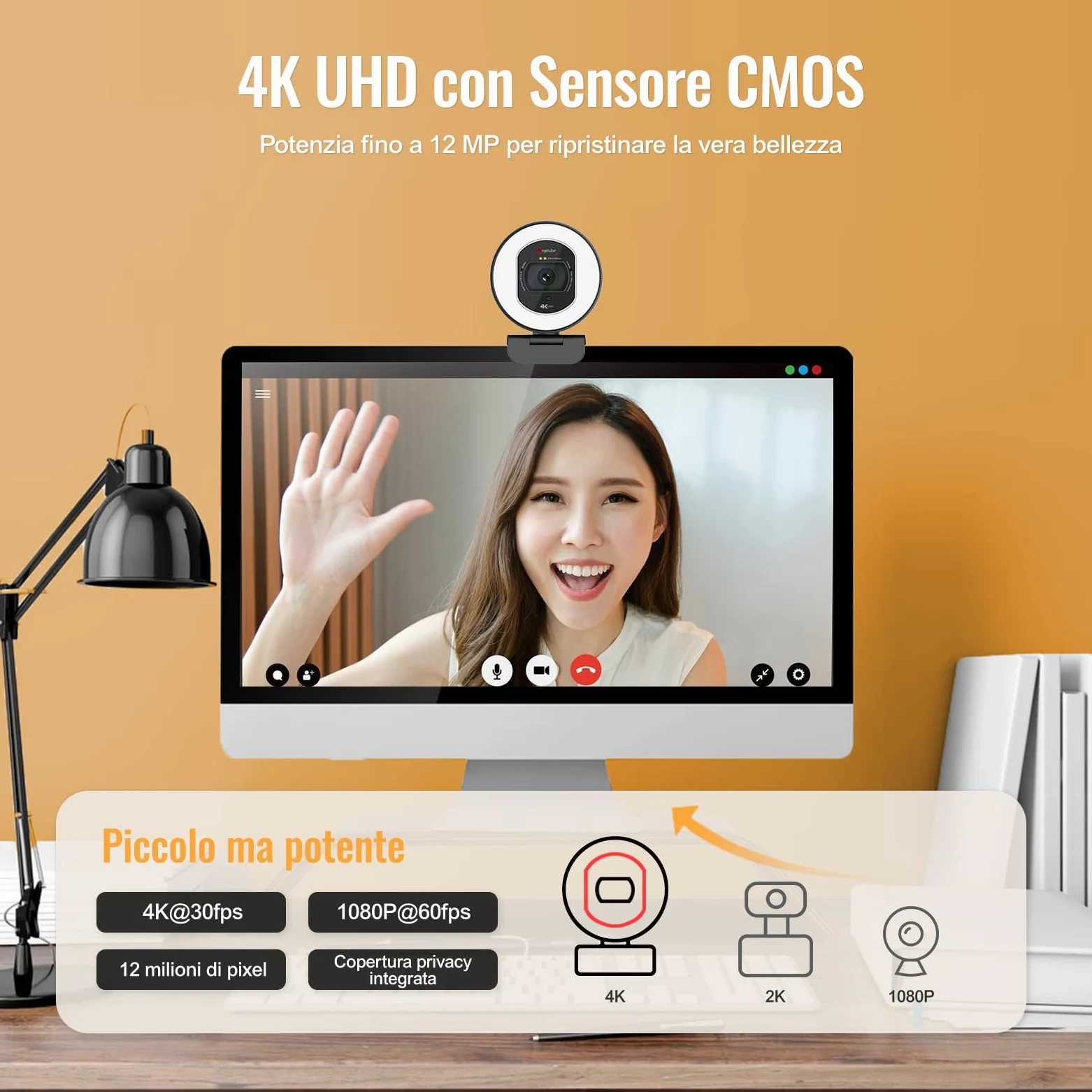 Angetube Webcam 4K con Luce – PC Camera con 2 Microfoni e Autofocus TOF | USB Telecamera 1080P & 60FPS per Laptop e Mac,Streaming Camera con Copri-obiettivo Integrato,Compatibile con Zoom e Teams