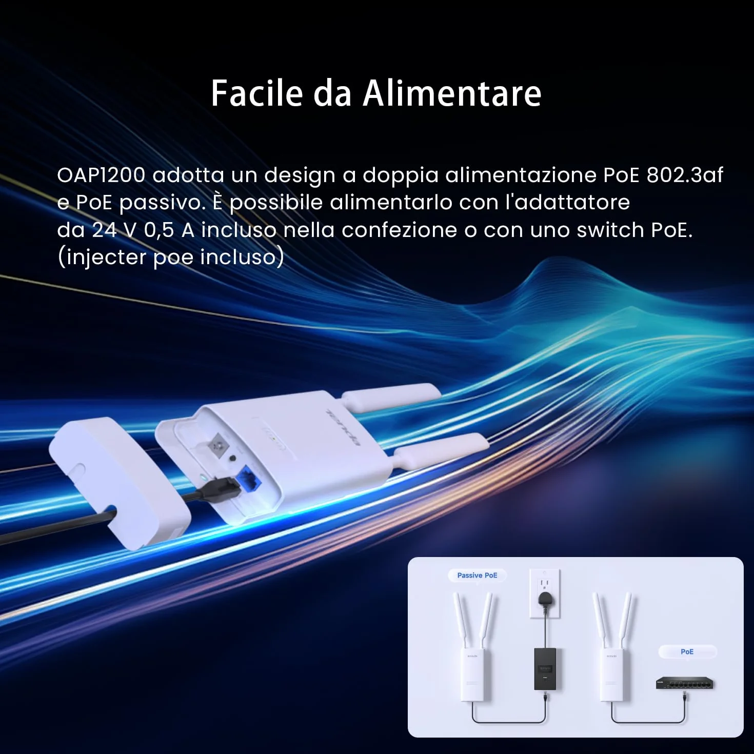 Tenda OAP1200 Access Point Esterno AC1200 Doppia Banda, Indoor/Outdoor Access Point 1200Mbps, IP65, MU-MIMO, OFDMA, Roaming Senza Interruzioni, Fino a 256 Dispositivi, PoE 802.3af & Passive PoE