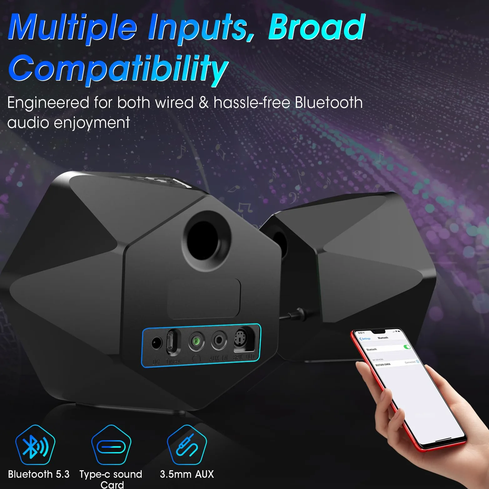 BESTISAN Altoparlanti da gioco per computer con retroilluminazione 8 RGB, design compatto, altoparlante alimentato a corrente continua con 3 modalità di equalizzazione, altoparlanti attivi da 50 Watt