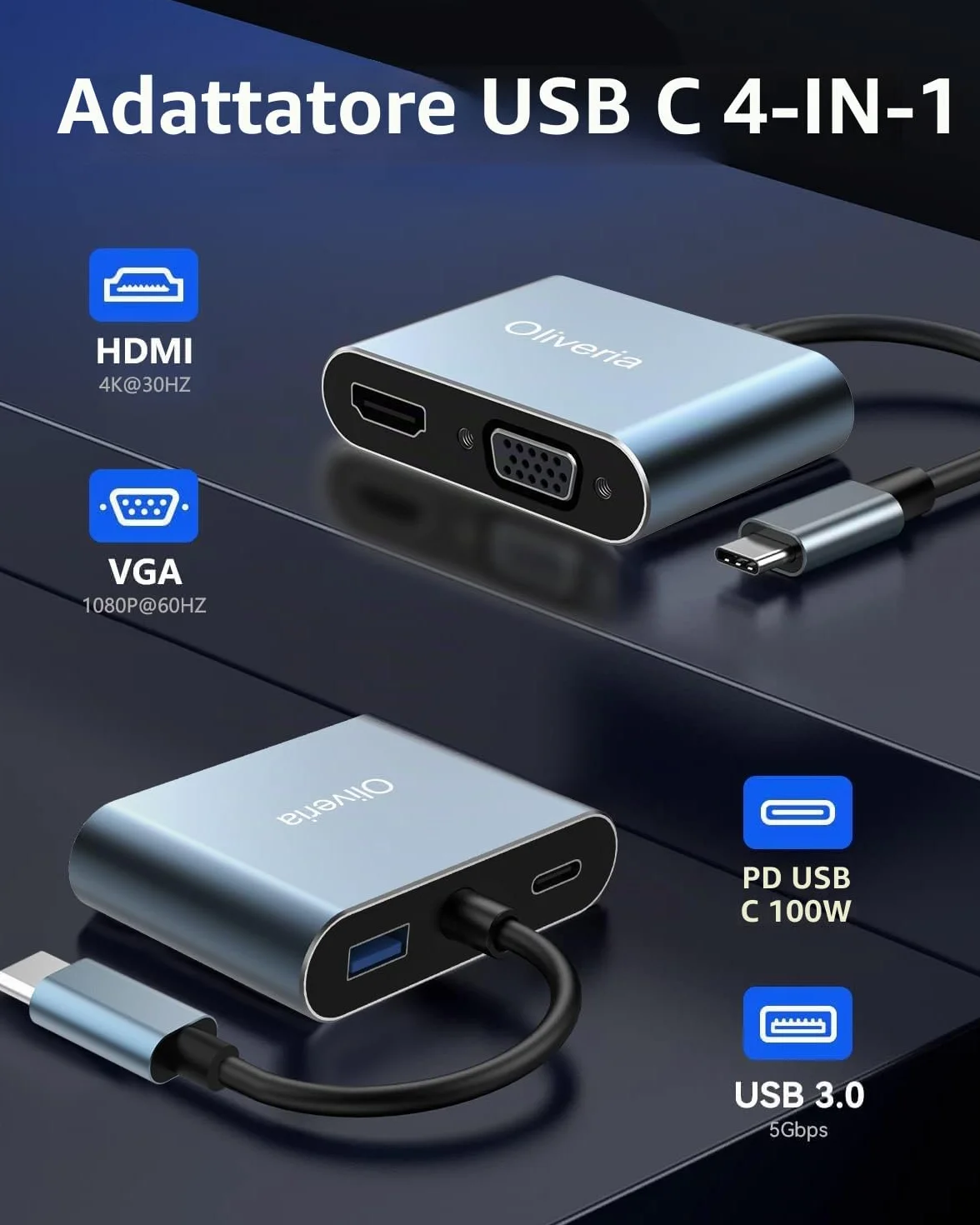 Oliveria Adattatore Multiporta USB C 4 in 1 4K@30Hz HDMI VGA Thunderbolt 3 PD 100W USB 3.0 per MacBook
