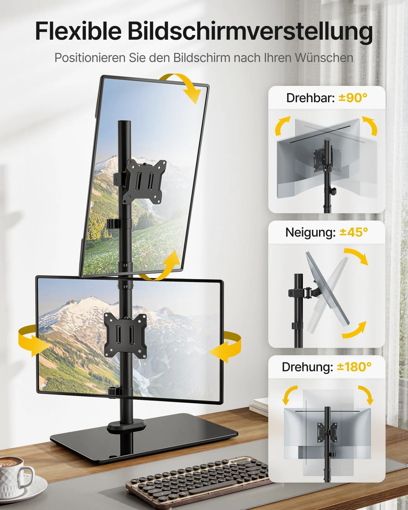 monTEK Supporto verticale Monitior 2 Monitiore con base in vetro per schermi da 17-32 pollici, portata massima 10 kg per braccio, supporto per monitor autoportante, completamente mobile e regolabile