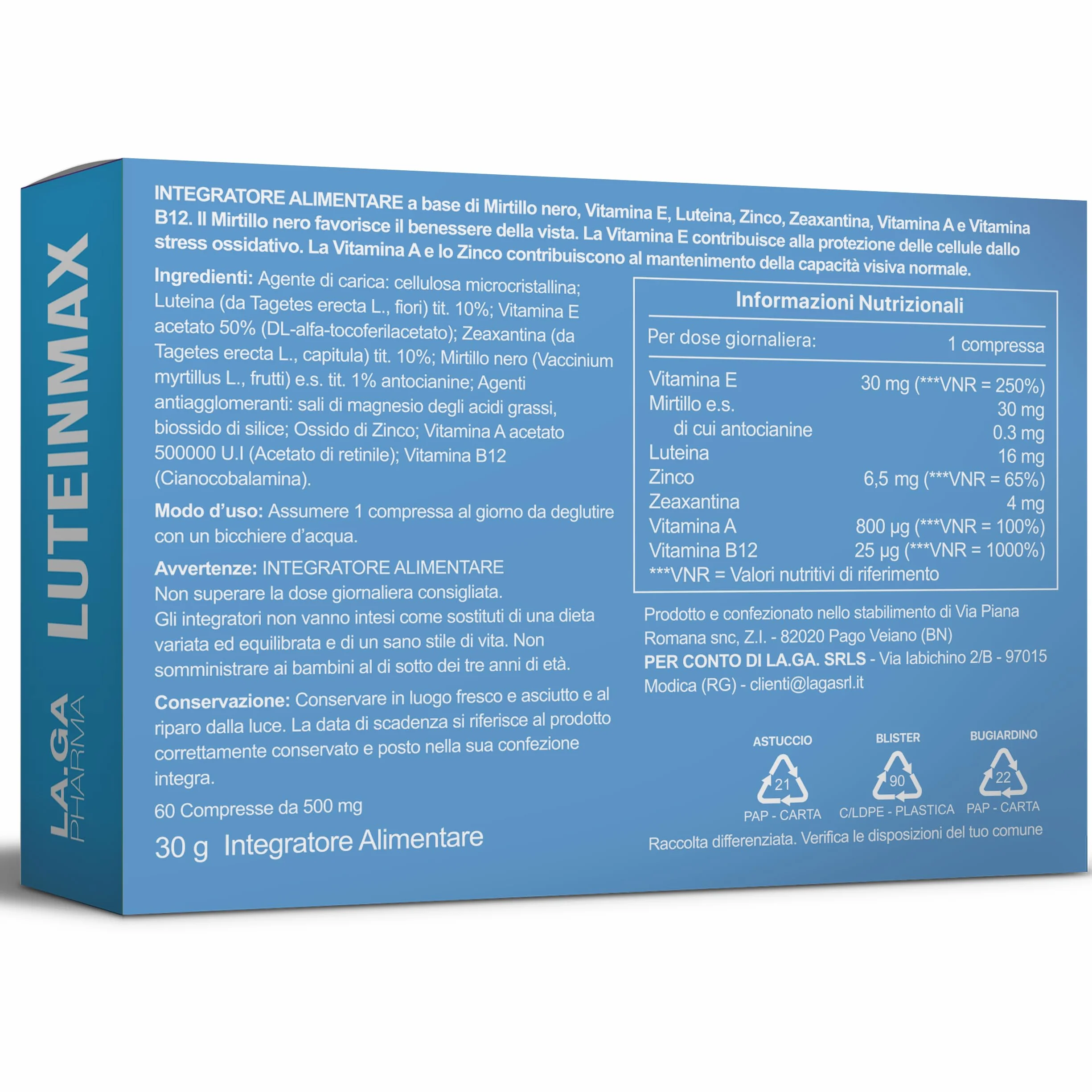 Integratore Occhi Luteina Zeaxantina Alto Dosaggio 60 Compresse Mirtillo Vitamine A E B12 Zinco Antiossidanti Vista