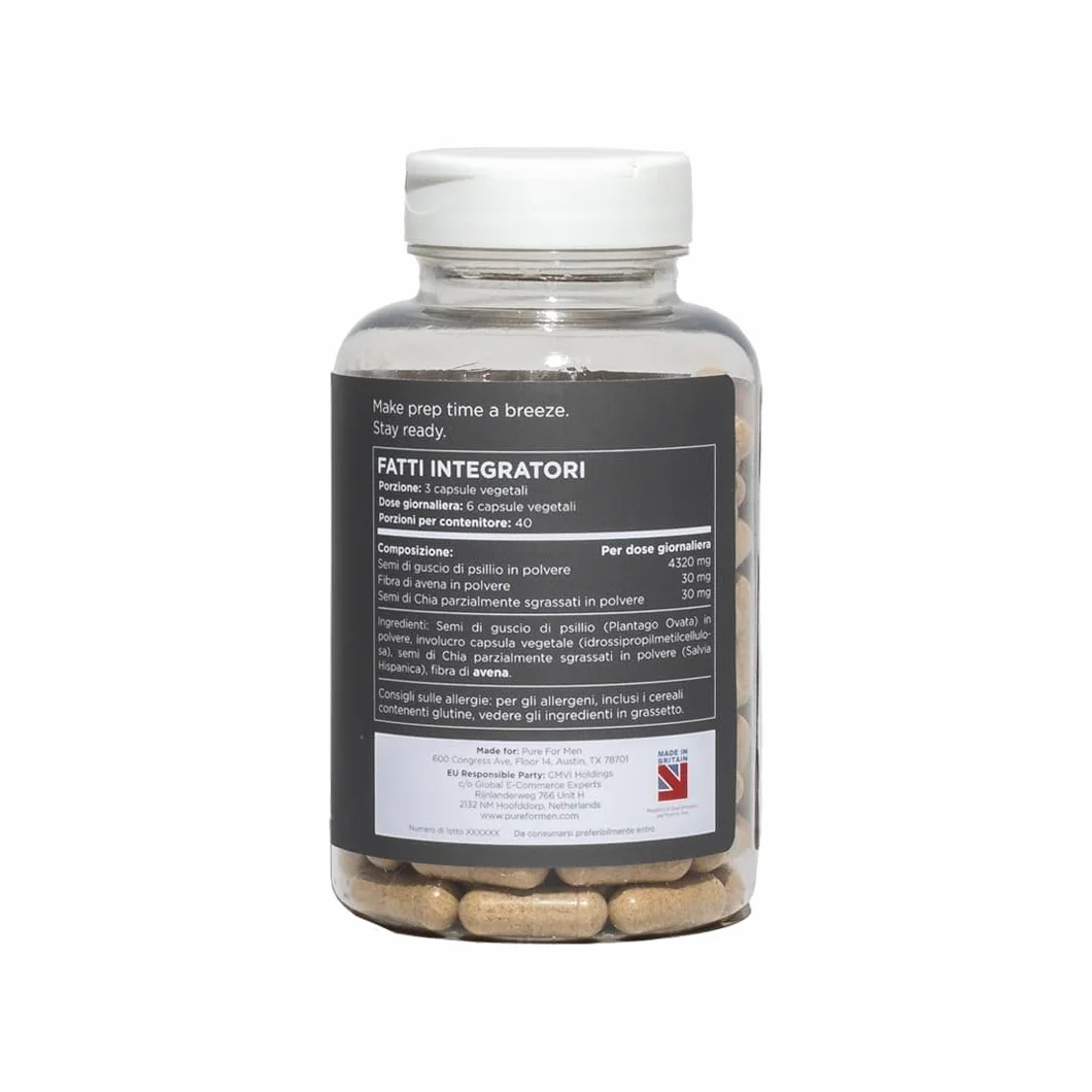 Pure for Men Integratore Alimentare di Fibre Stay Ready, 120 Capsule Vegane, Regolarità Intestinale