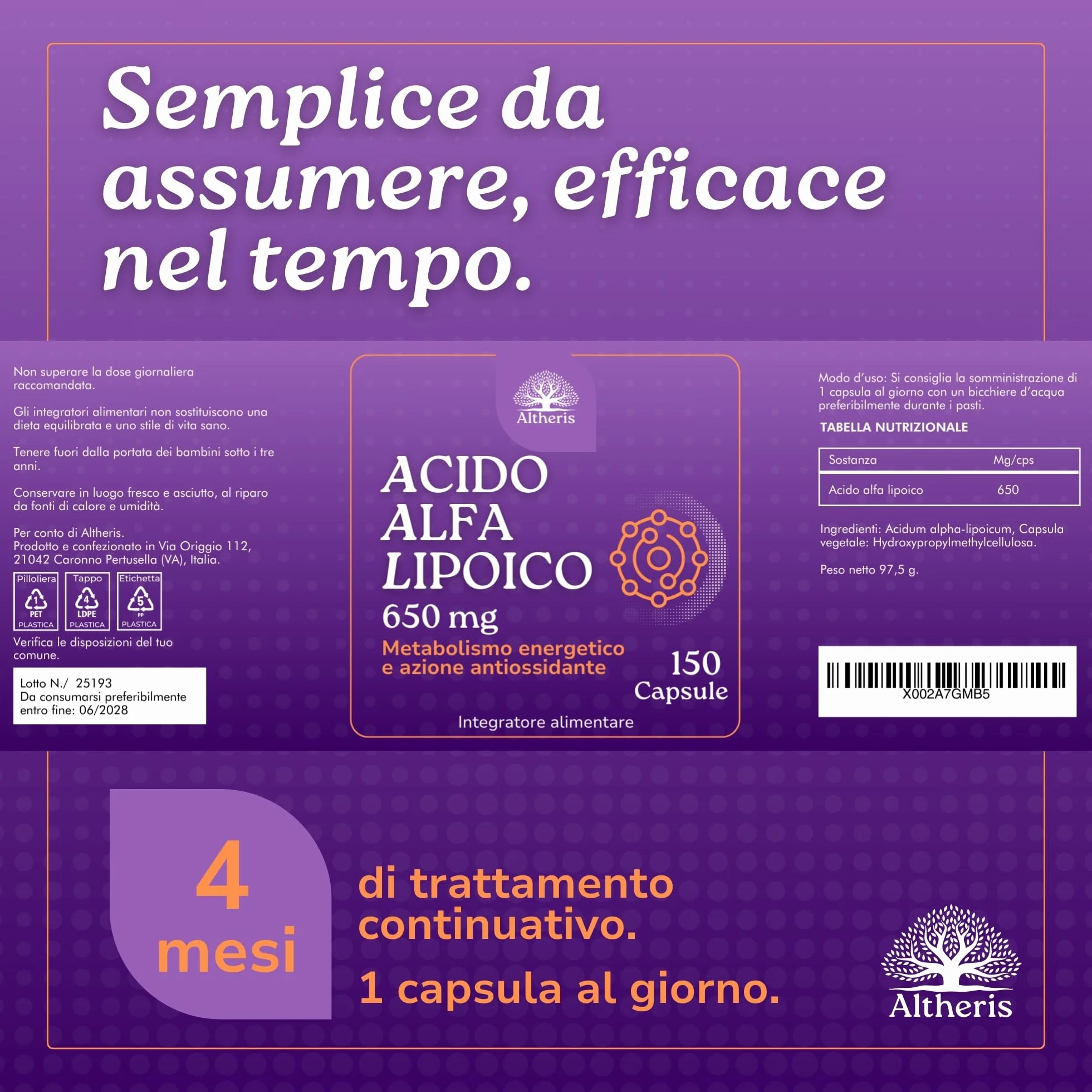 Acido Alfa Lipoico ALA 650mg 150 Capsule Alto Dosaggio - Integratore Antiossidante Metabolismo Energetico