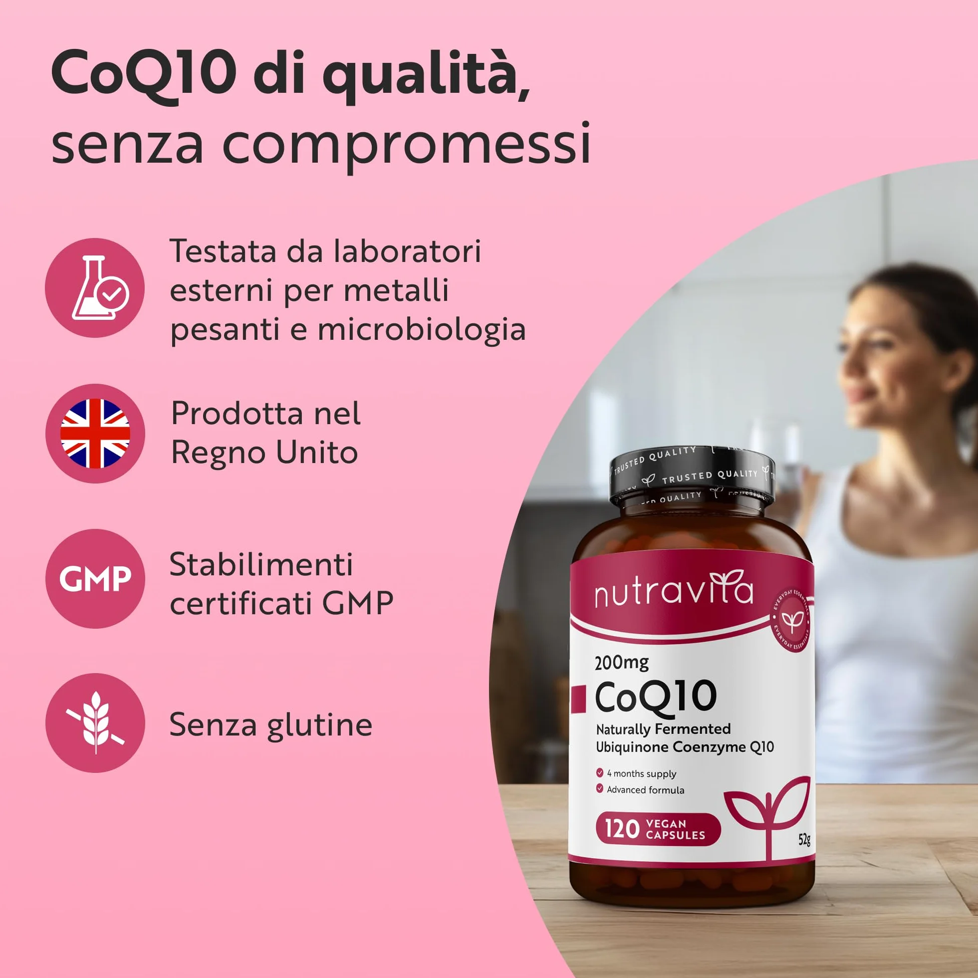 Nutravita Coenzima Q10 200mg - 120 Capsule Vegane, Ubichinone Puro al 100% - Alto Dosaggio
