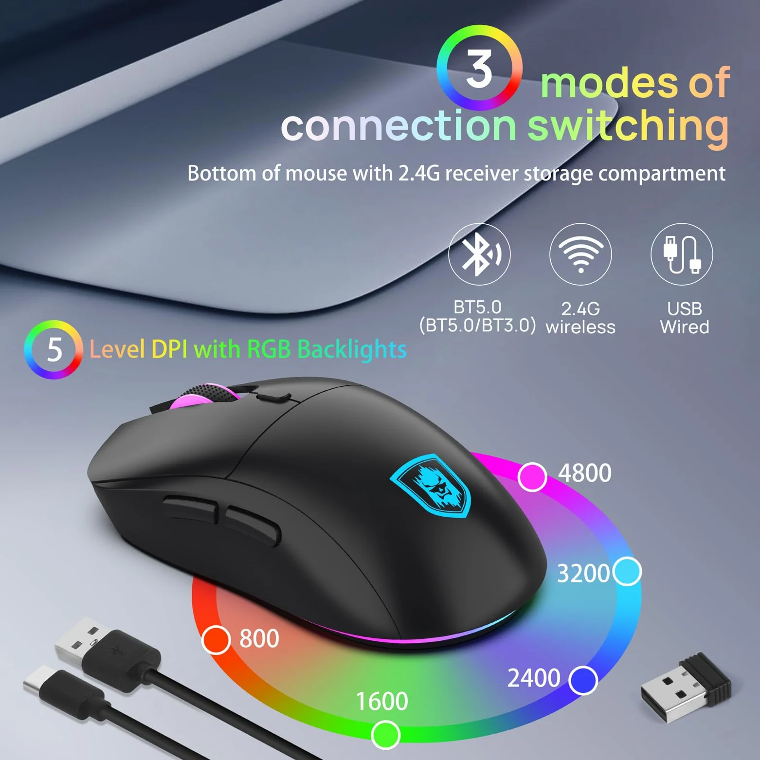 KOLMAX BT98 - Tastiera e mouse wireless combinati, tripla modalità 2,4 G/cablato/Bluetooth, tastiera e mouse da gioco ricaricabile, ergonomica, retroilluminata RGB, con manopola, per PC/Mac/Tablet
