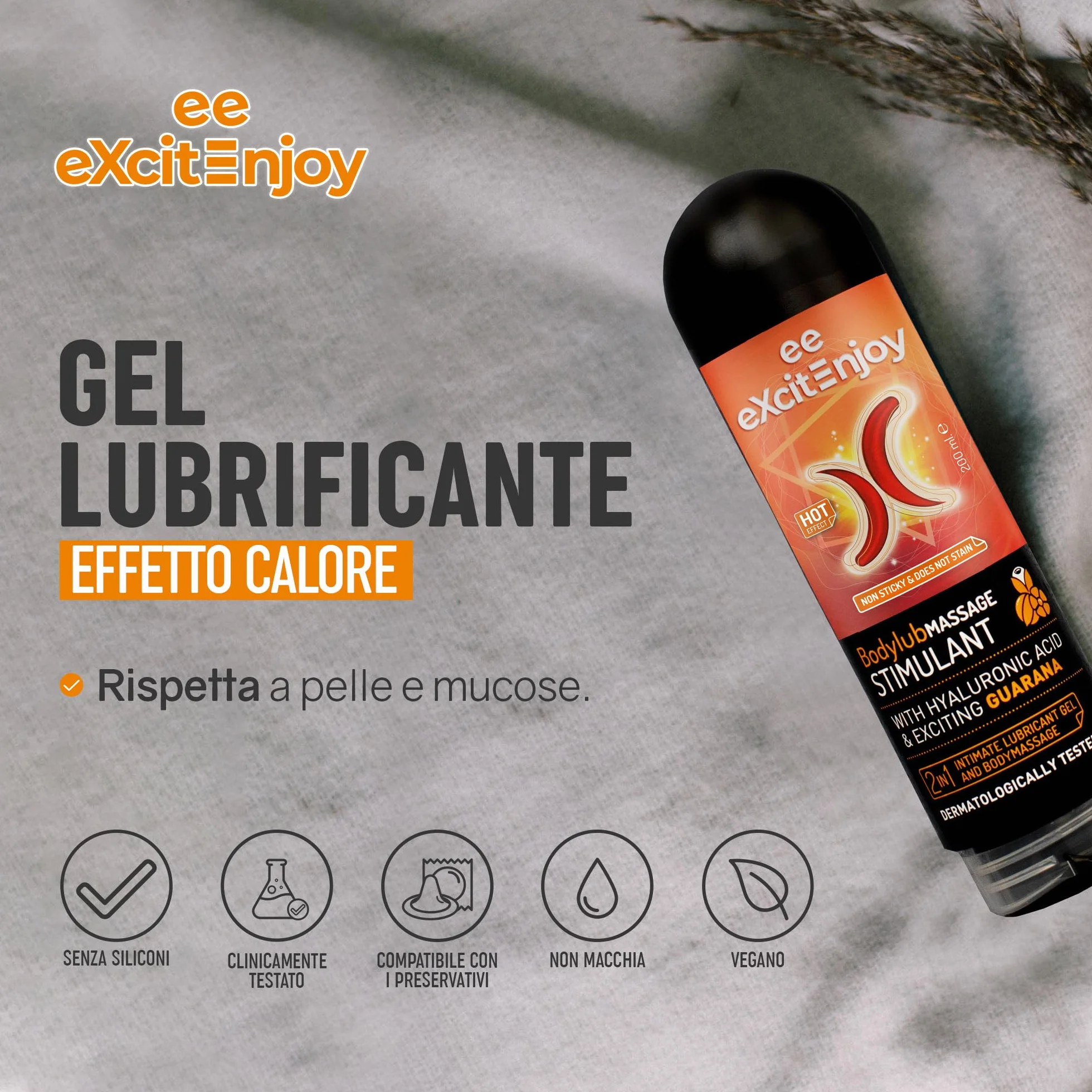Excite Lubrificante Intimo all'Acqua con Guaranà e Acido Ialuronico 2 in 1 Gel Riscaldante per Massaggi Vegano 200ml