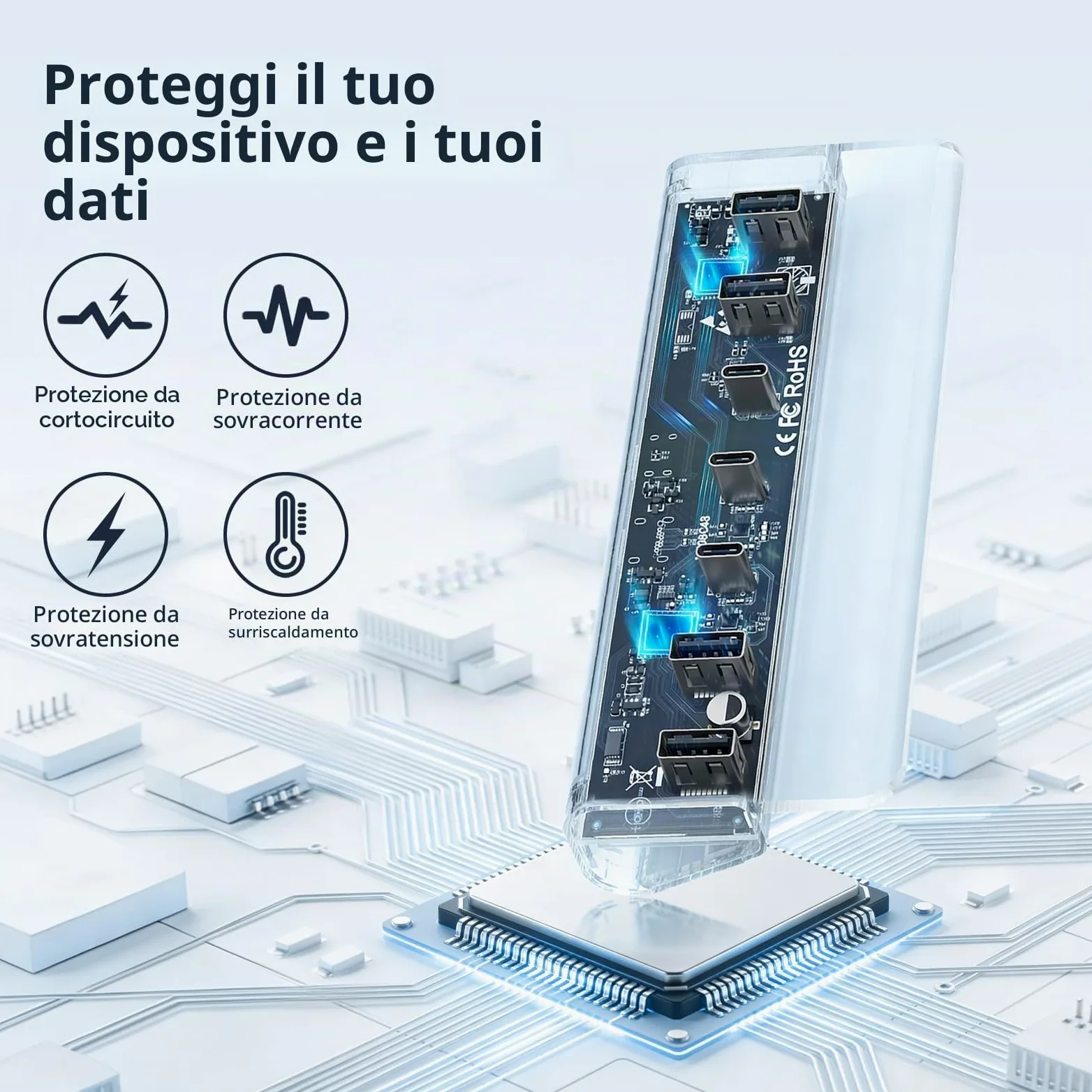 Hub USB C a 7 porte con alimentatore, USB 3.2 Gen 2, 10 Gbit/s ad hub, splitter di prolunga in alluminio con alimentatore da 5 V 3 A, 3 porte USB C e 4 porte USB-A, supporta la ricarica BC1.2