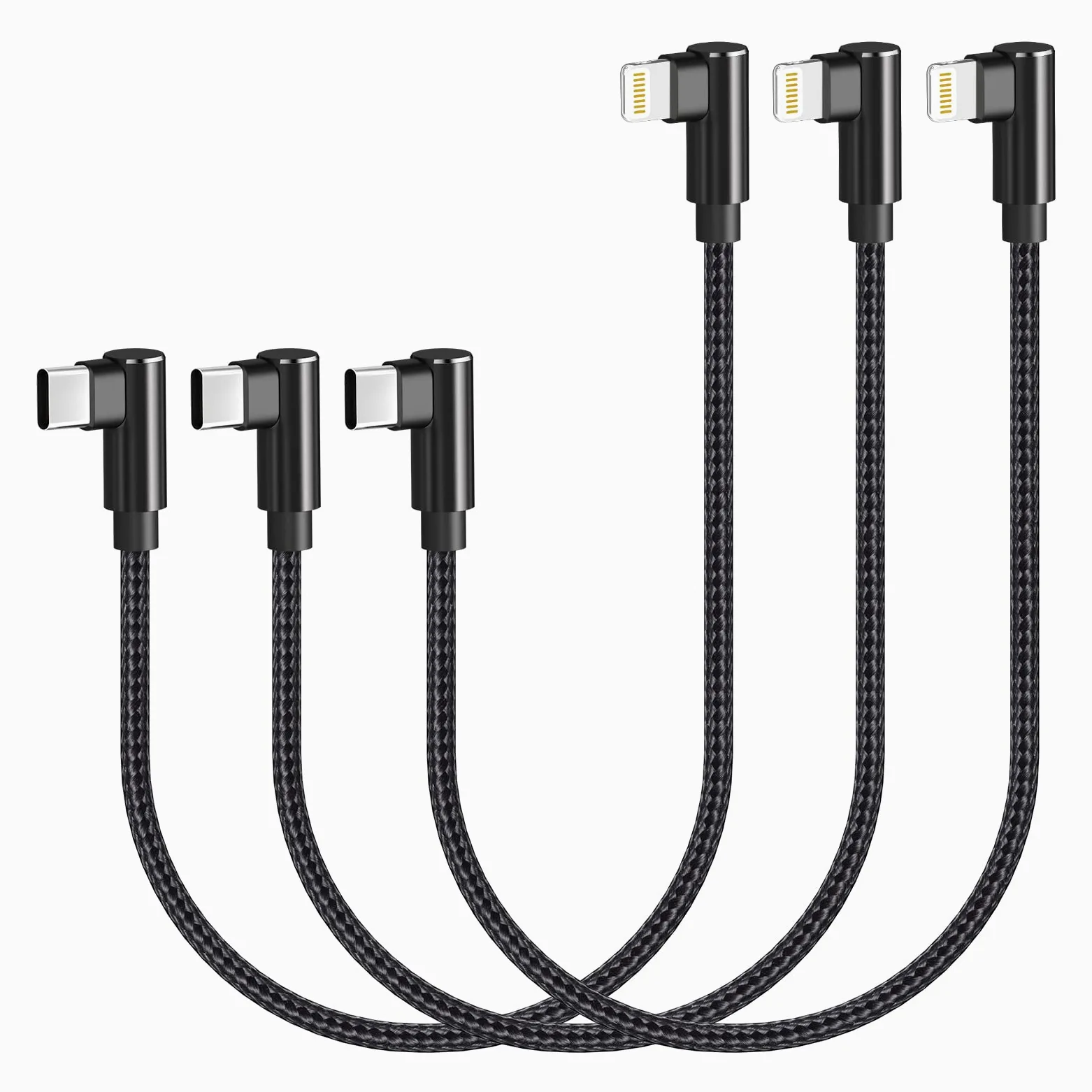Cavo da USB C a Lightning da 0,3 m, confezione da 3 pezzi, certificato MFi, ad angolo retto, per iPhone 13, 12, 11, Pro, X, XS, XR, 8 Plus, 7, 6, 5 (nero)