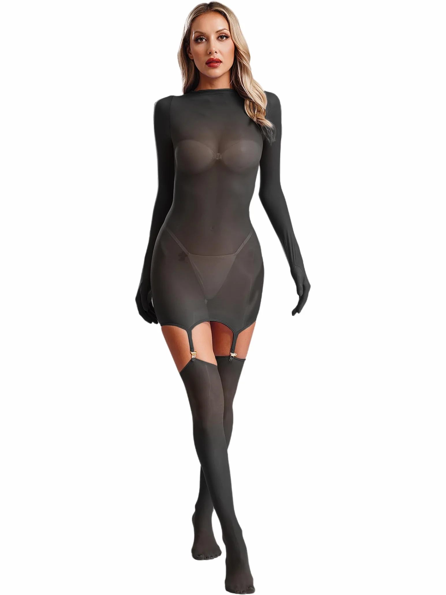 Donna Bodycon Mini Abito con Giarrettiera Lucide Calze al Ginocchio Set Lingerie Négligé