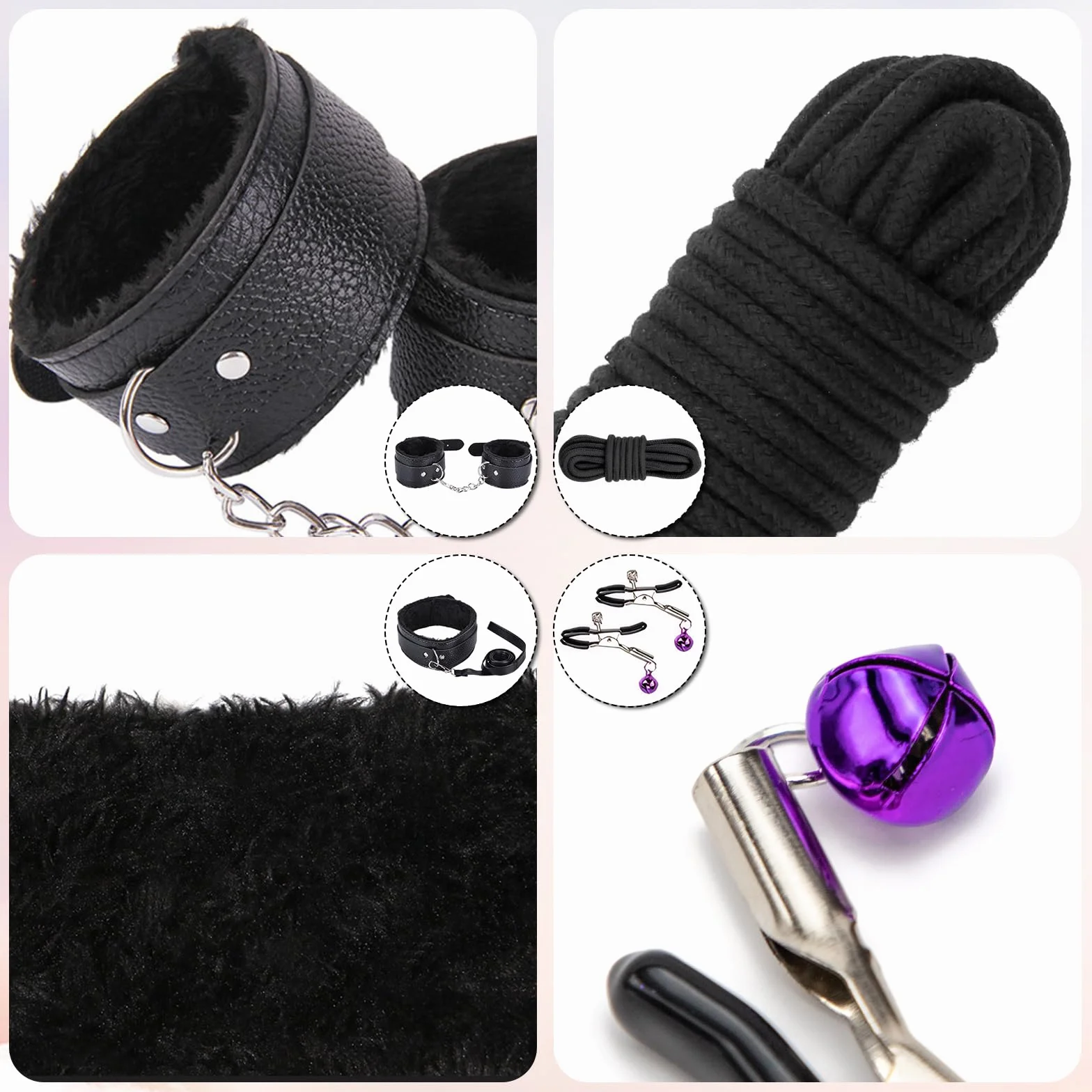 BDSM Kit Bondage 11 Pezzi Accessori con Manette Caviglia Morsetti Capezzoli Sex Toys Set per Coppie