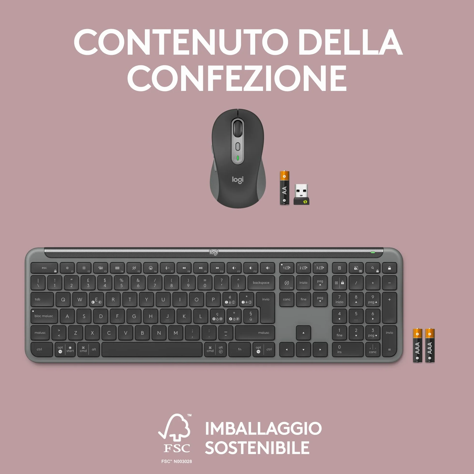 Logitech MK950 Signature Slim wireless tastiera e mouse Kit con di digitazione silenziosi, switch tra tre dispositivi, Bluetooth, più sistemi operativi, Windows, Mac, Layout Italiano QWERTY, Grafite