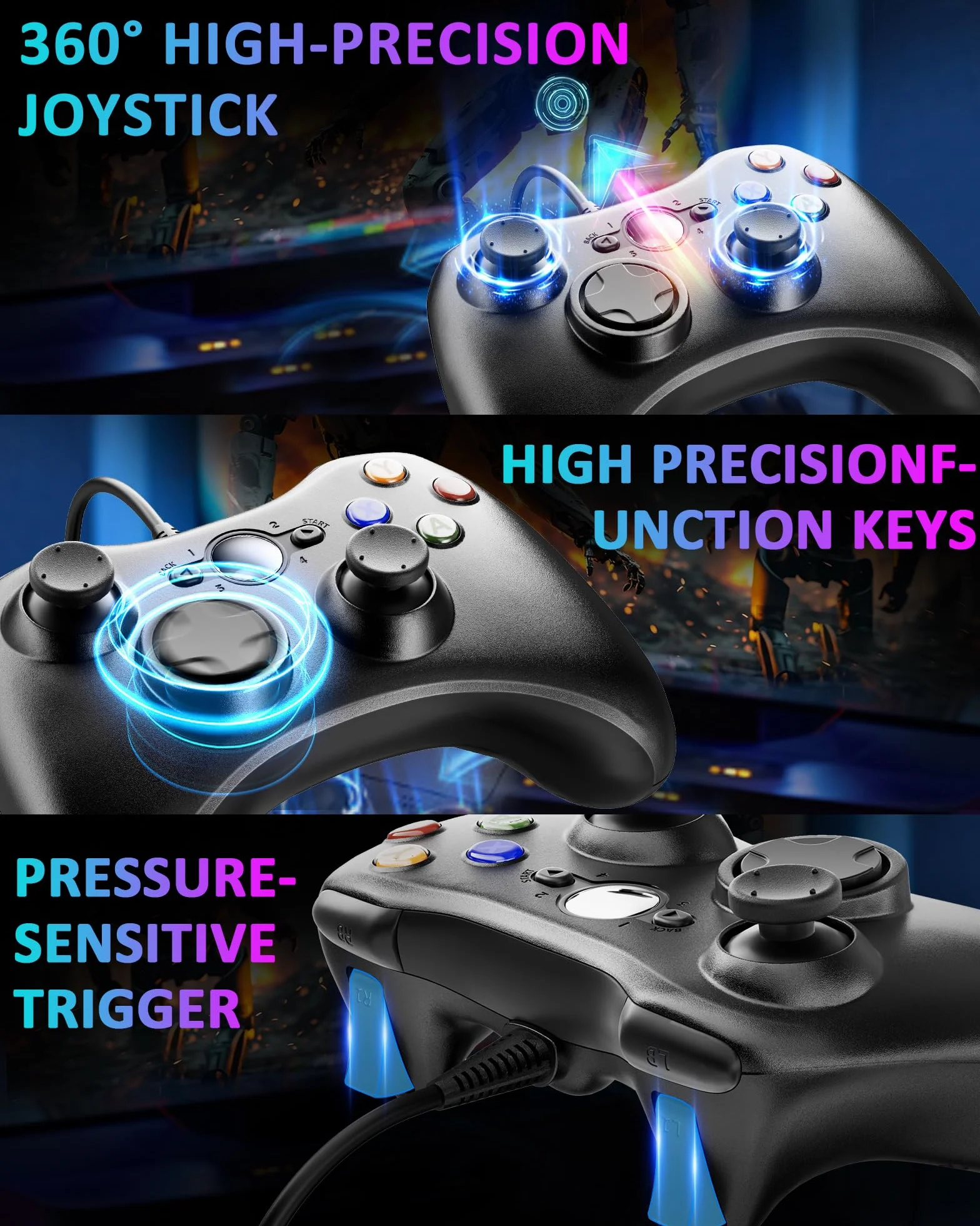 Controller per Xbox 360, Gamepad Joystick con cavo USB, feedback delle vibrazioni e chiavette analogiche precise, compatibile con PC/Windows 11/10/8/7/XP, funzione plug and play istantanea