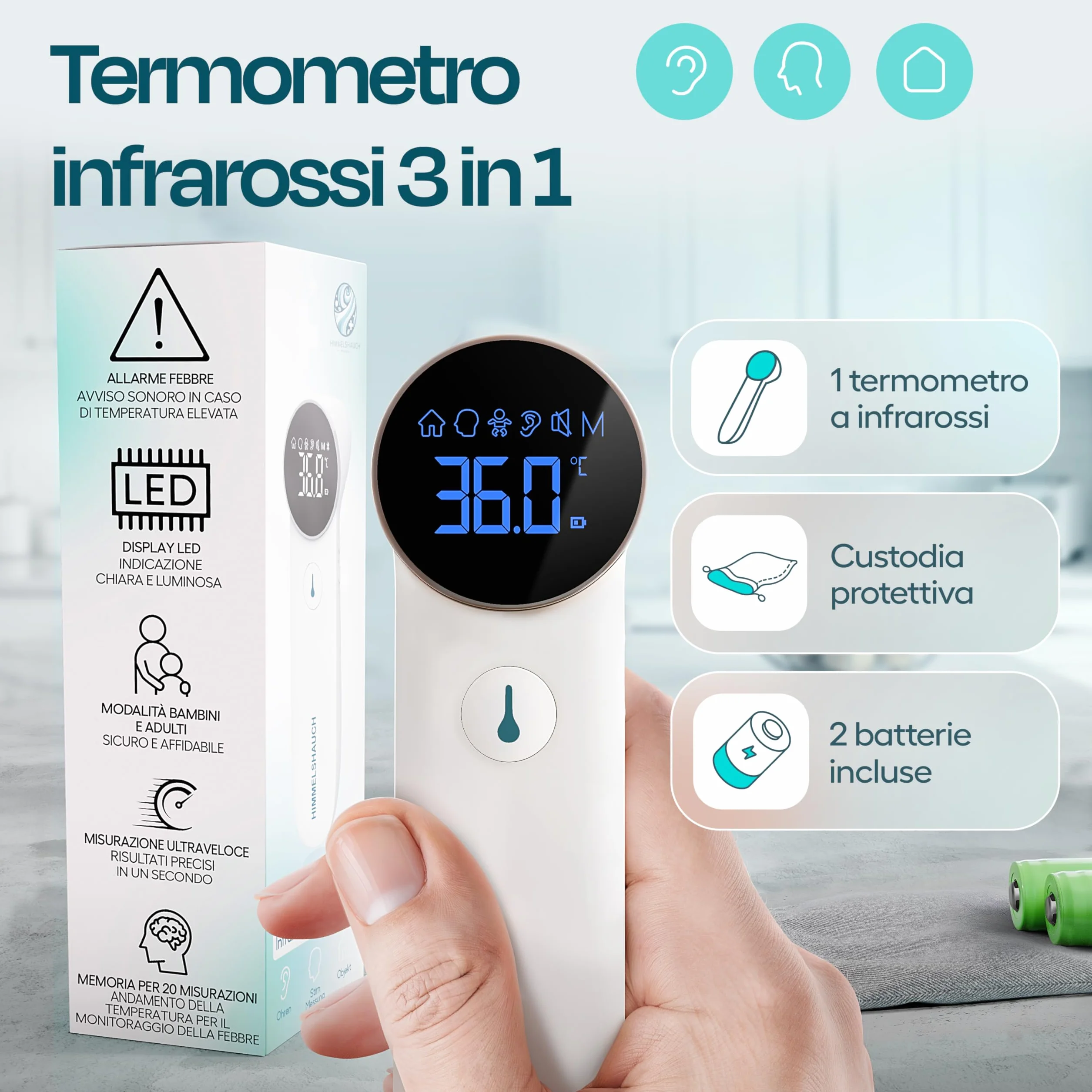 HIMMELSHAUCH MEDICAL Termometro Digitale Infrarossi 3 in 1 Auricolare e Frontale per Neonato Bambino Adulto