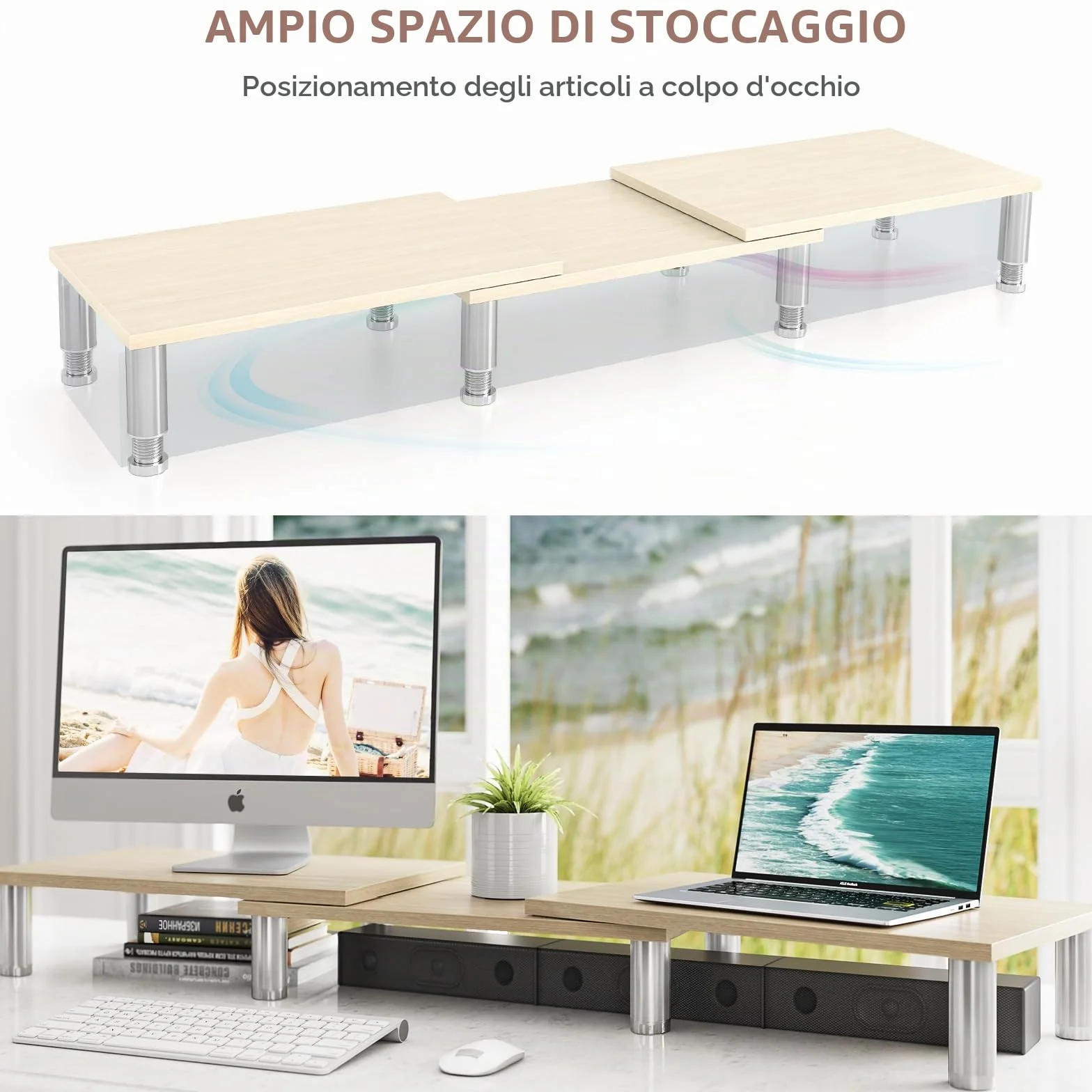AX WABER Supporto per doppio monitor, Supporto per monitor con lunghezza e angolo regolabili, Supporto per monitor in legno per scrivania, Riser per 2 monitor con spazio di archiviazione Venatura