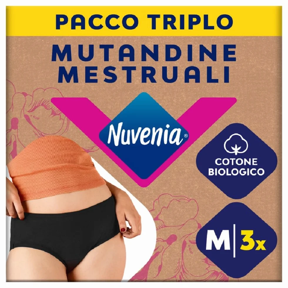 Nuvenia Intimawear Mutandine Mestruali in cotone biologico Lavabili Riutilizzabili Flusso Moderato-Abbondante Nero Taglia M 3 confezioni