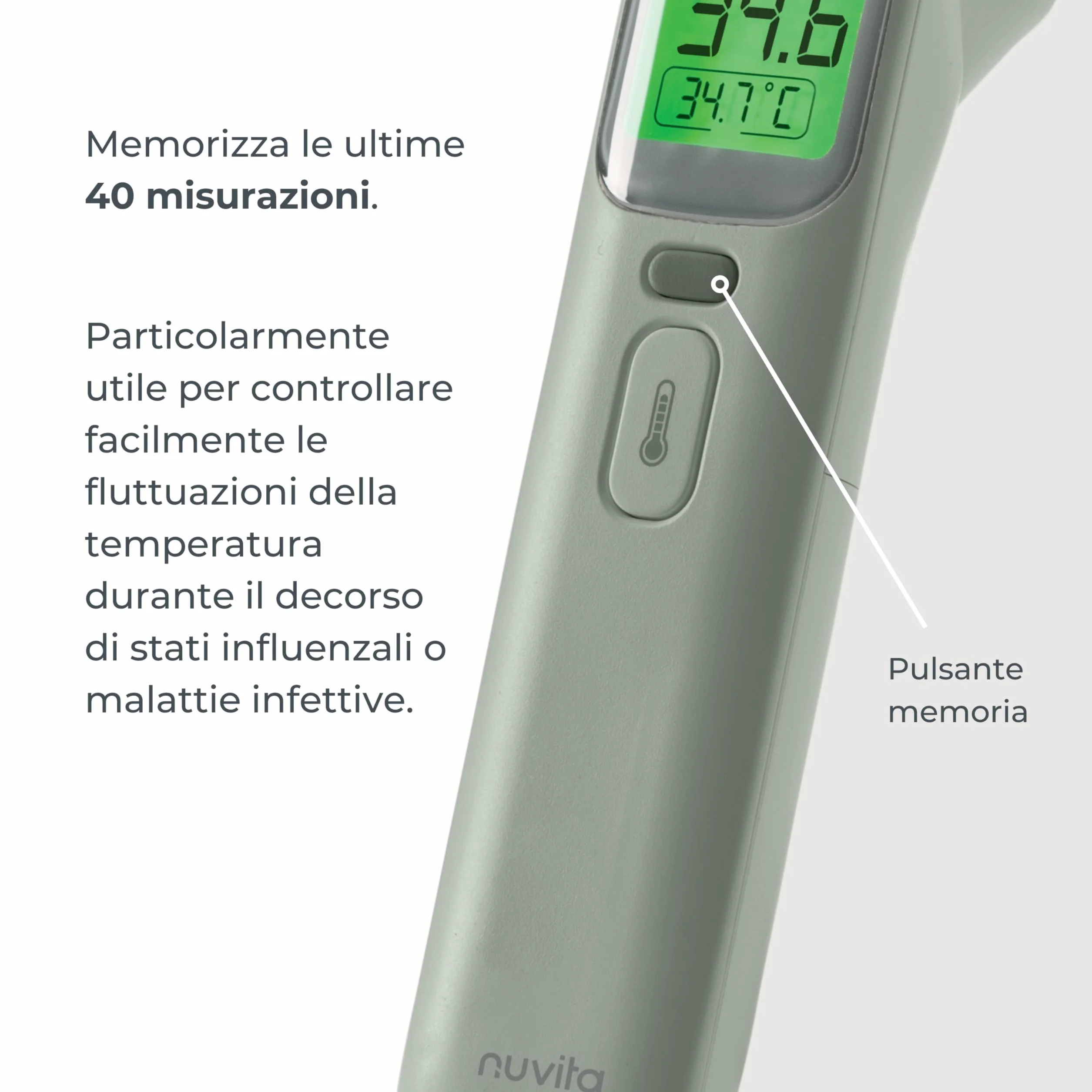 Nuvita 2075 Termometro Digitale Frontale e Auricolare 1 Secondo 4 Modalità Memoria Allarmi