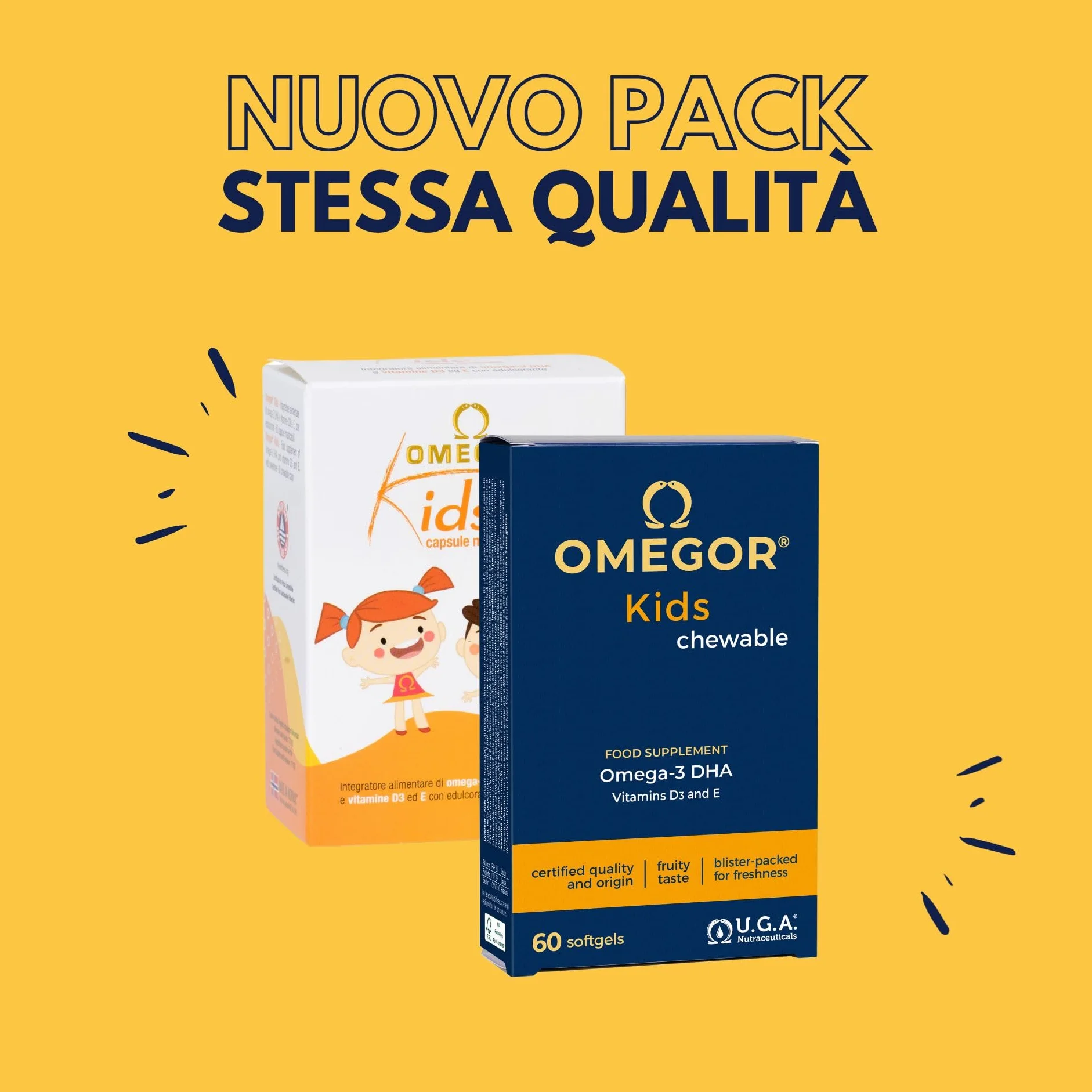 Omega 3 Bambini OMEGOR Kids 3+ Anni 60 Capsule Masticabili alla Frutta con Vitamine D3 ed E Ricco di EPA e DHA