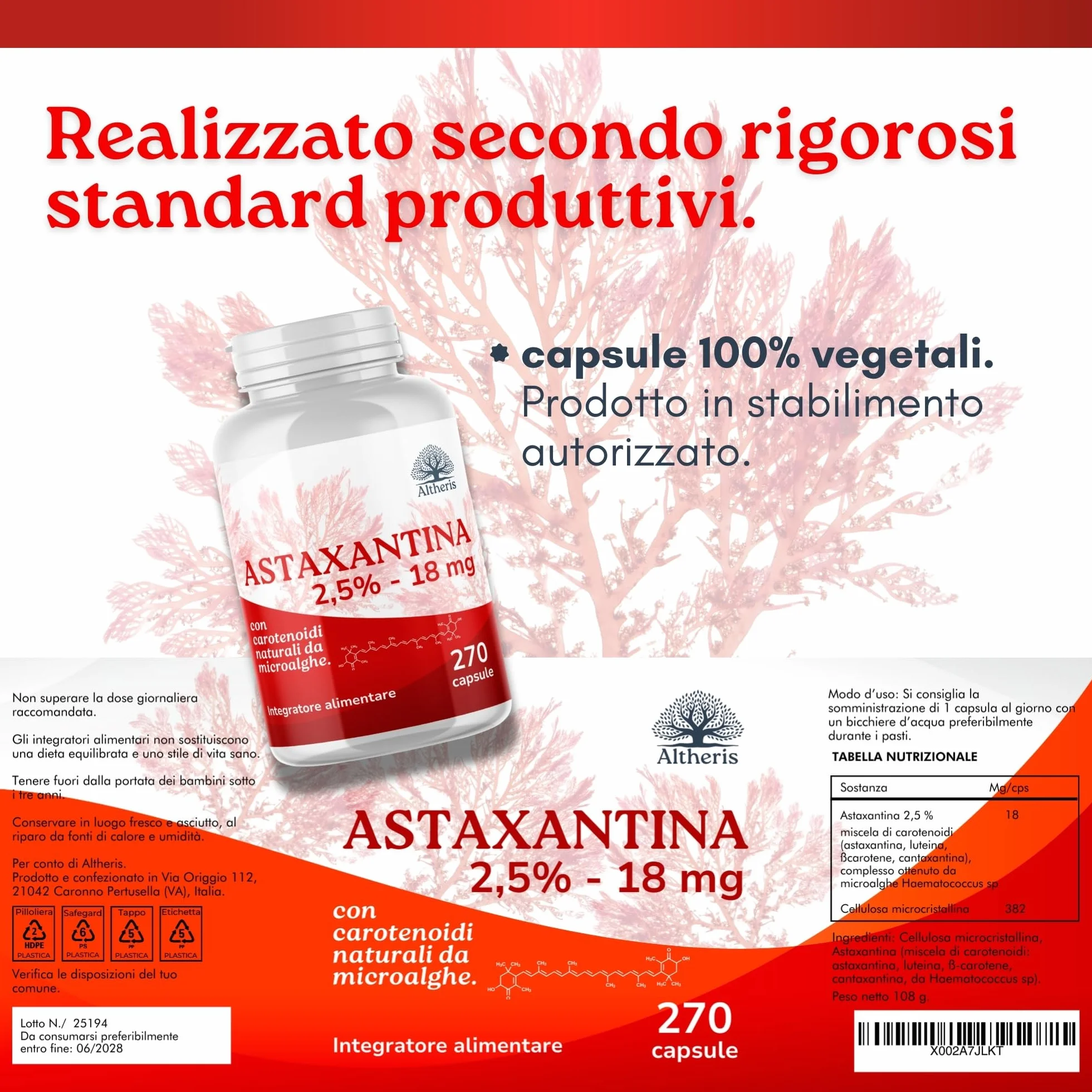 Astaxantina Pura Alto Dosaggio 18mg 270 Capsule Integratore Carotenoidi Naturali Alga Haematococcus Pluvialis