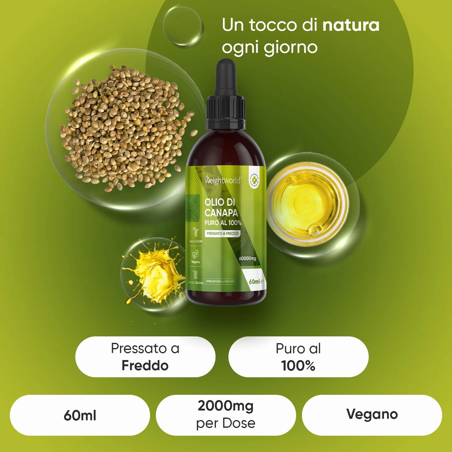 Olio di Canapa 2000mg 60ml 100% Puro Vegano Pressato a Freddo Integratore Hemp Oil