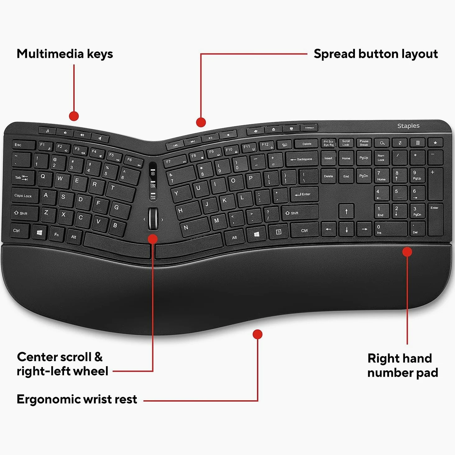 Staples TECH Tastiera Ergonomica Senza Fili - USB, Nero