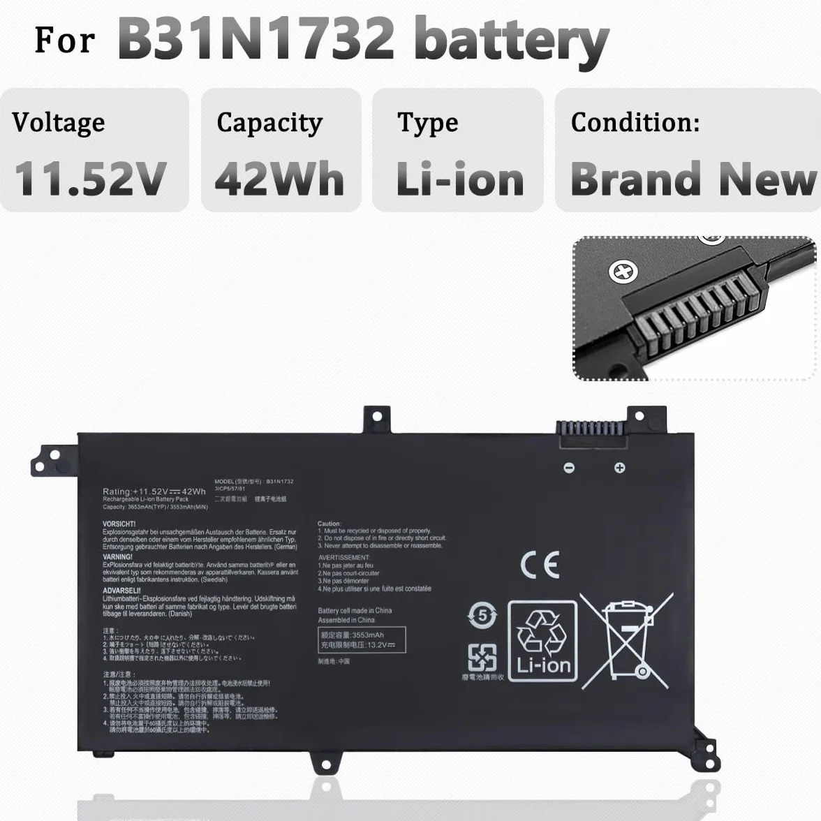 B31N1732 B31N1732-1 Batteria per ASUS VivoBook S14 S430F S430U X571 X571G X571GT X571L X571LH F571G F571L RX571LH RX571GT FX571GT K571G K571GT A571G X430U NX571LH K430F S571GT B31Bi9H