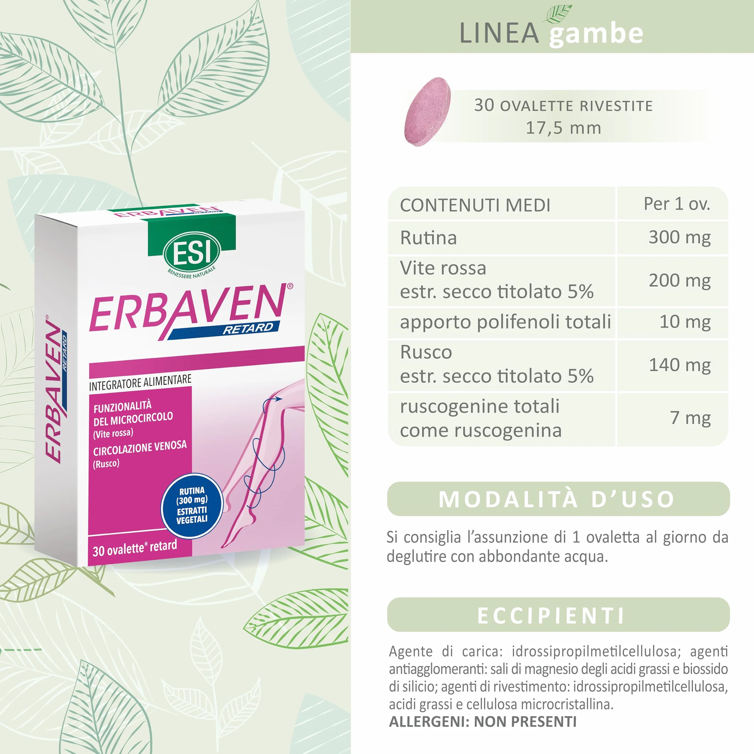 ESI Erbaven Retard Integratore Alimentare Vite Rossa Rutina Rusco Microcircolo Circolazione Venosa 30 Ovalette Retard