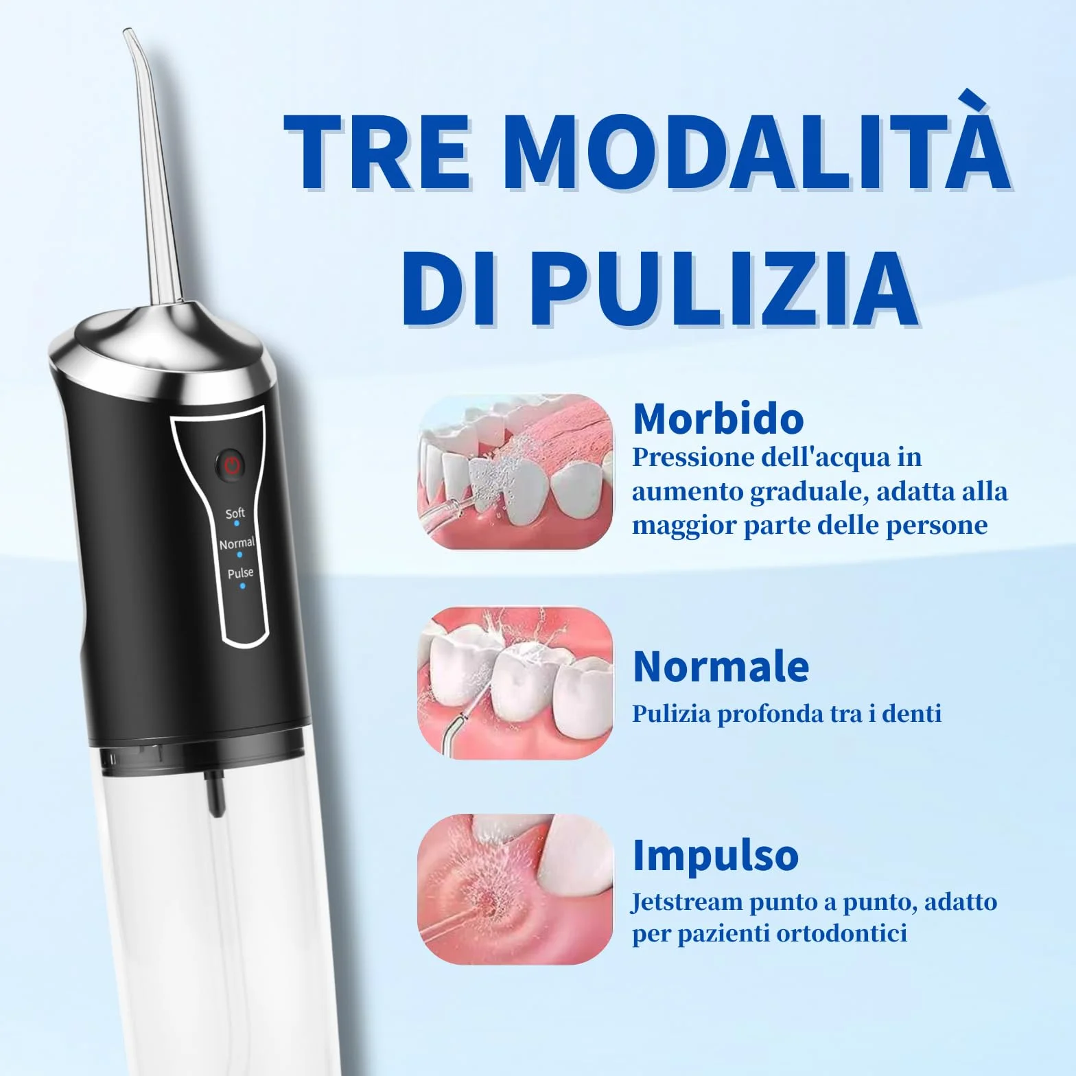 Irrigatore Orale Senza Fili, Idropulsore Dentale Portatile, Water Flosser, 4 Bocchette, Ricarica USB, Nero
