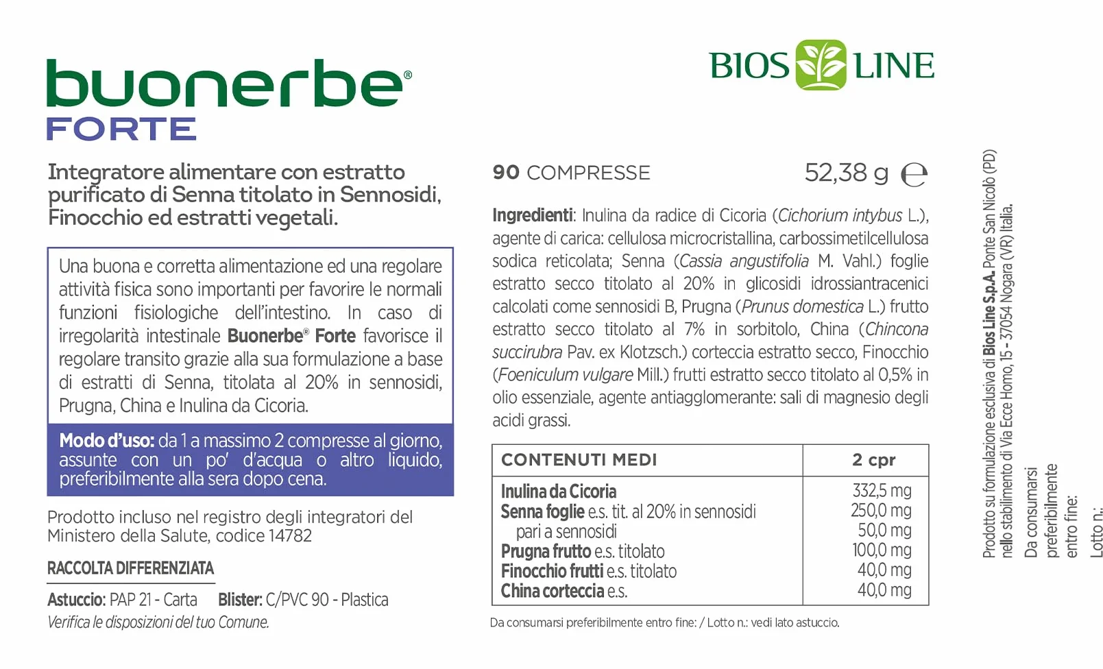 BIOS LINE Buonerbe Forte Compresse 90 unità Integratore Alimentare Regolarità Intestinale senza Glutine Vegani