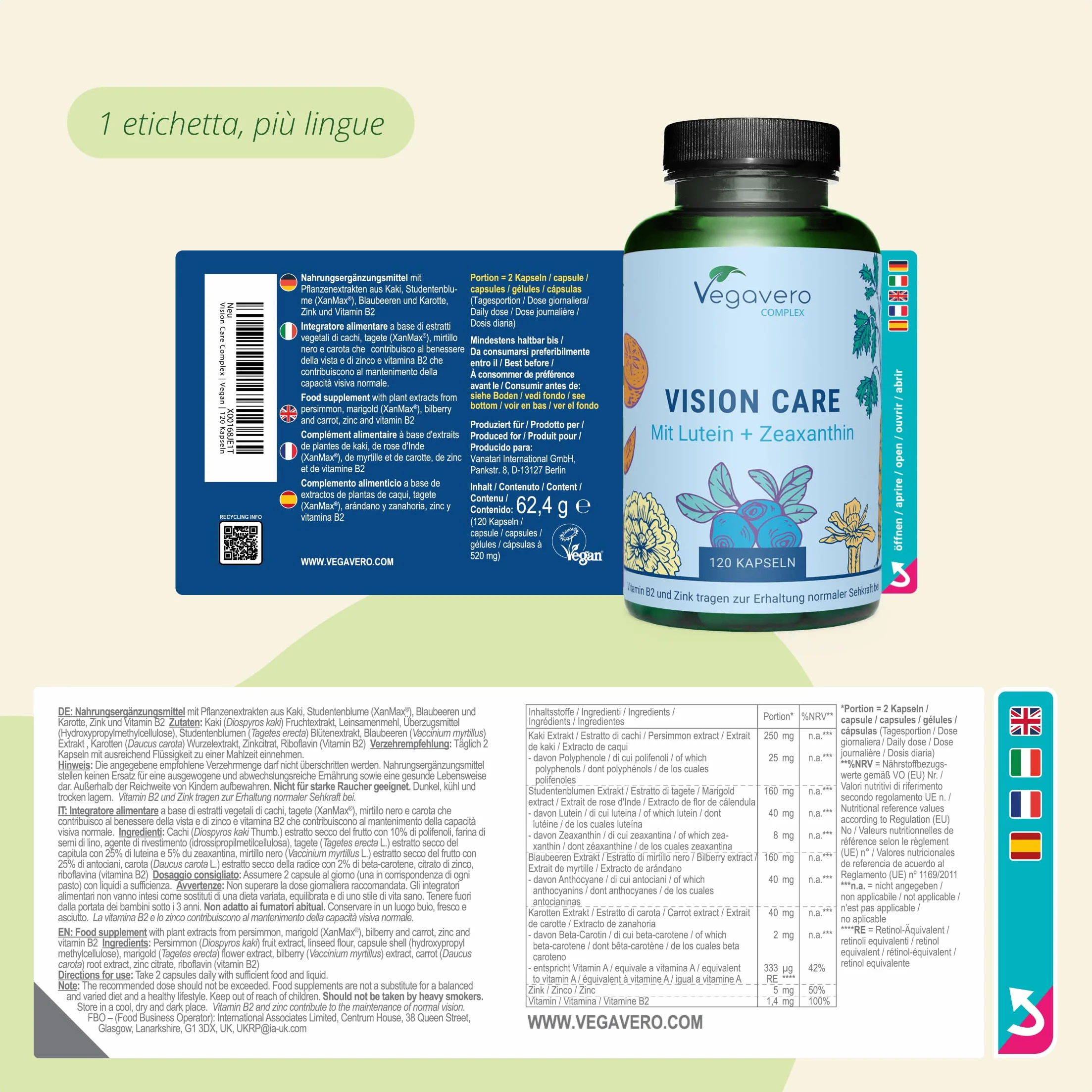 Vegavero Integratore OCCHI 120 capsule Luteina Zeaxantina Mirtillo Nero Vitamina A B2 Zinco Salute VISTA Vegan