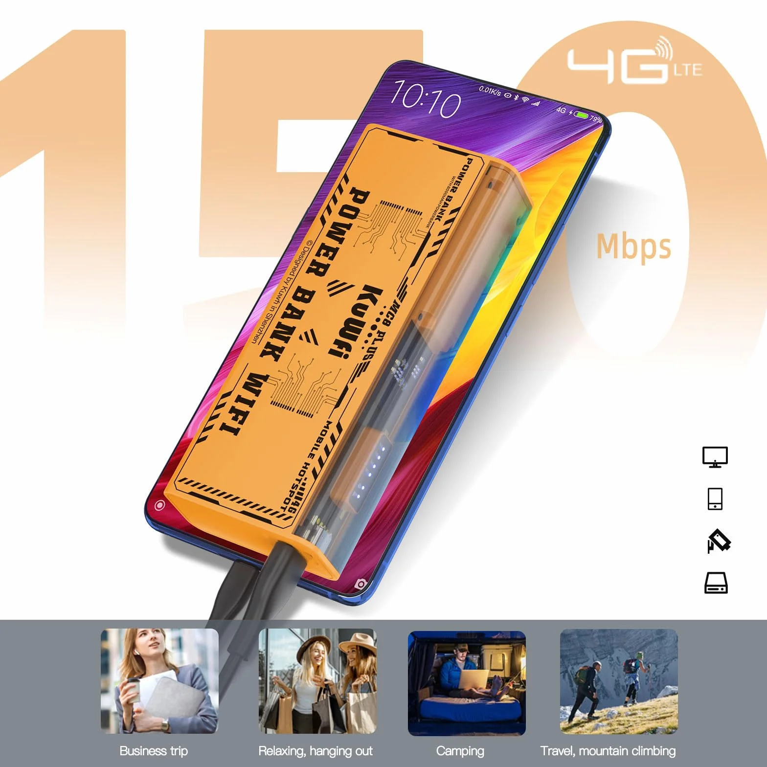 KuWFi Hotspot WiFi Portatile 4G, Router Mobile 150Mbps con Power Bank da 8000mAh per Ricaricare il Telefono, Alimentazione di Emergenza, Supporta fino a 10 Utenti – Per Viaggi, Casa, Ufficio