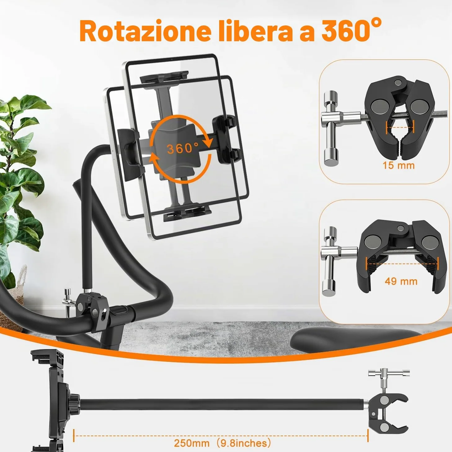Tendak Supporto Tablet per Cyclette, Spinning e Bicicletta - Collo di Cigno Robusto e Flessibile per iPad, iPad Pro, Mini, Air e Altri Tablet 4.7-12.9"