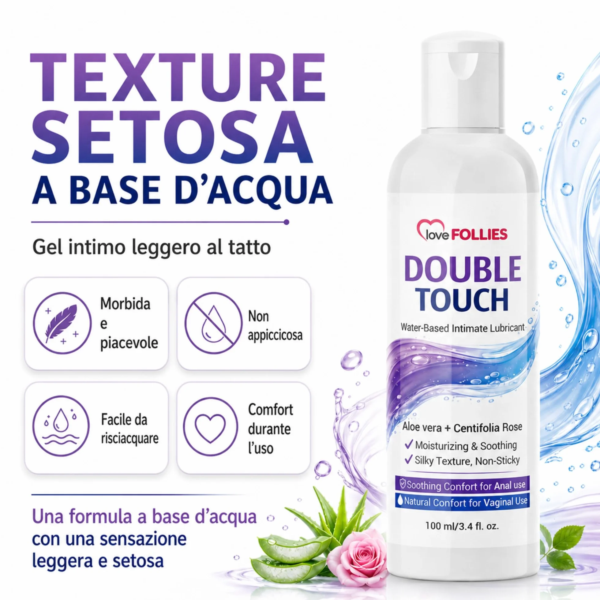 Gel Lubrificante Intimo Double Touch All'Acqua con Aloe Vera e Rosa Centifolia, 100 ml