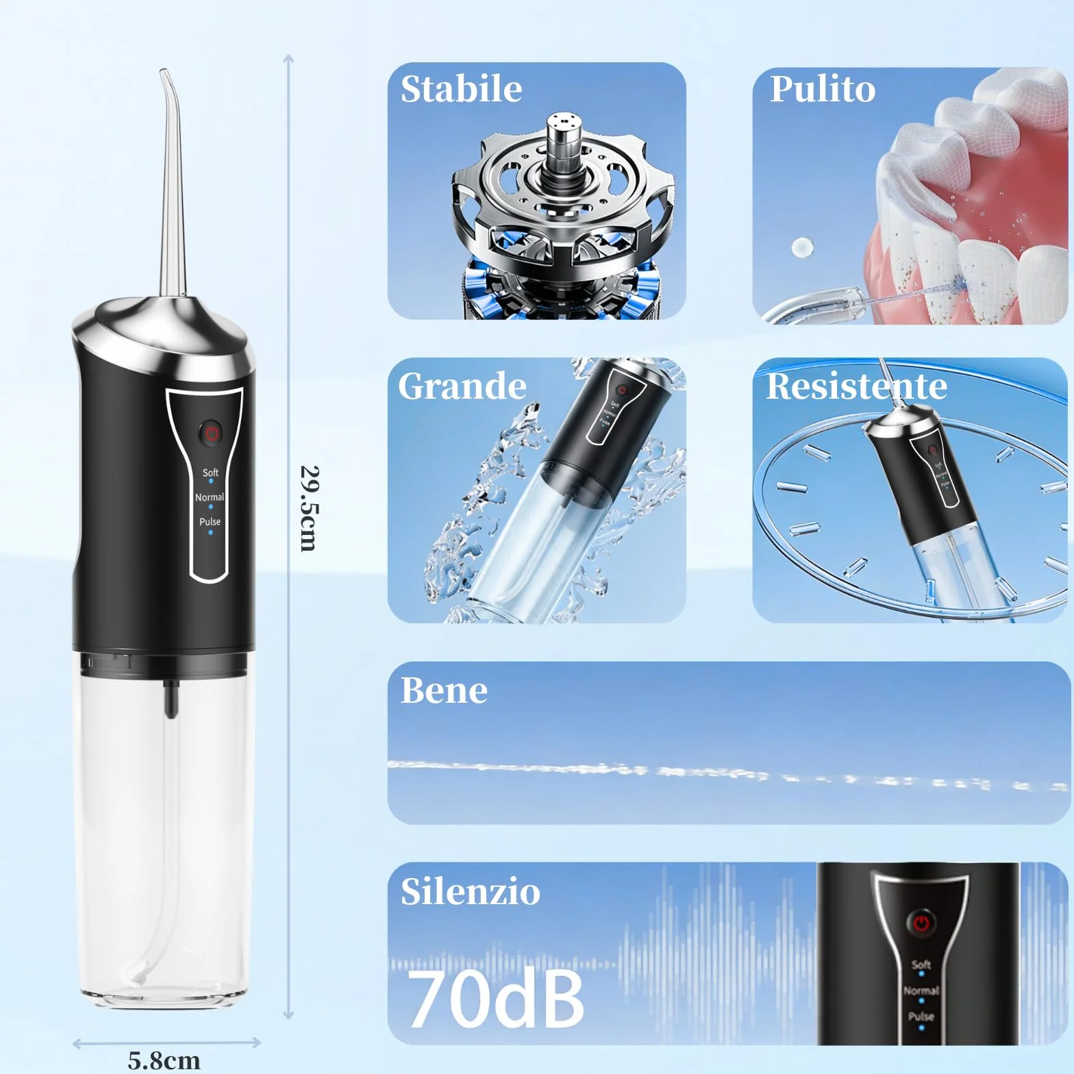 Irrigatore Orale Senza Fili, Idropulsore Dentale Portatile, Water Flosser, 4 Bocchette, Ricarica USB, Nero