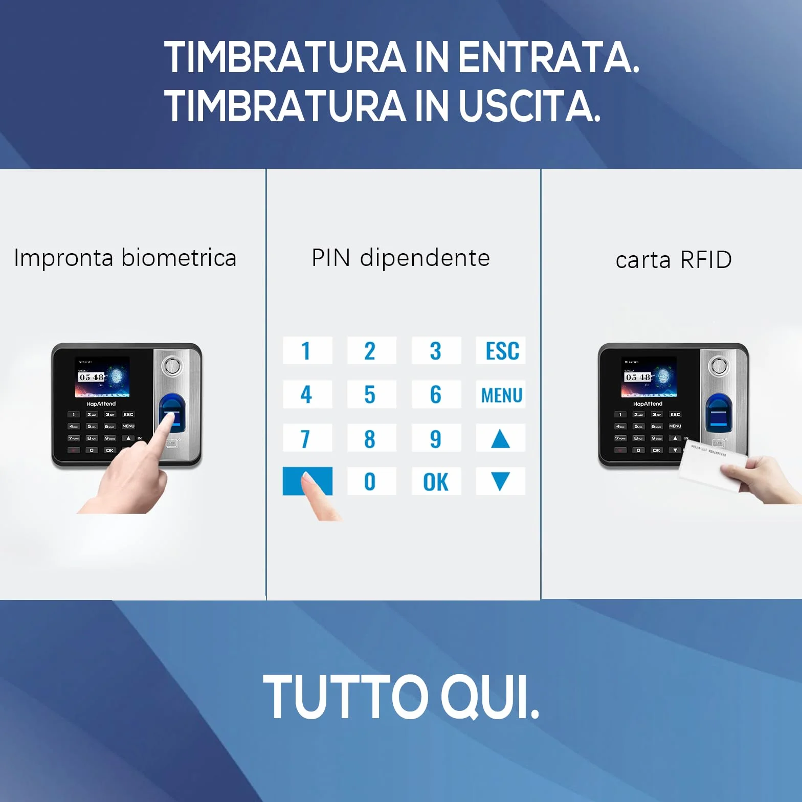 Rilevatore presenze HapAttend H1 con impronte digitali e RFID, timbratrice per dipendenti