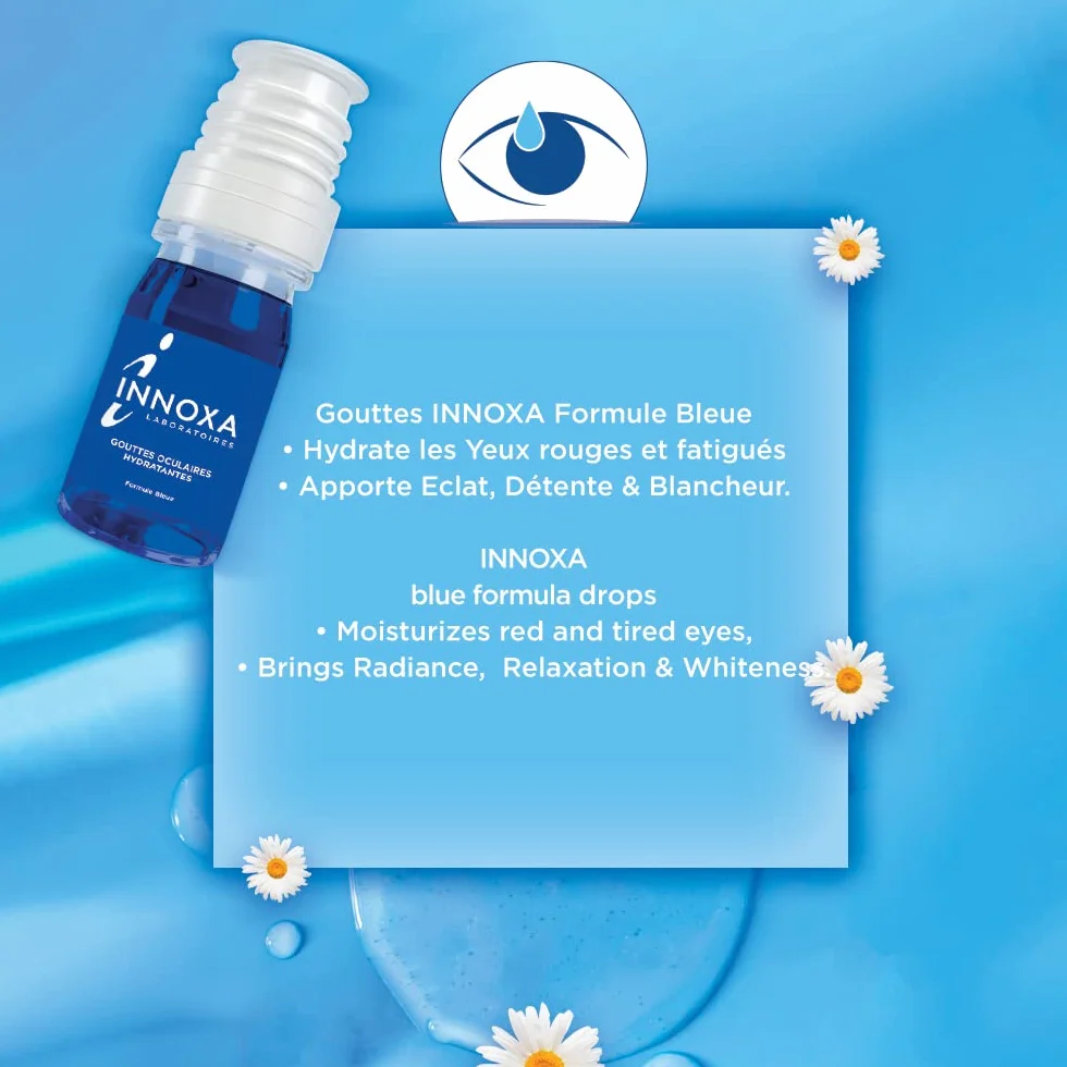 INNOXA Gocce oculari formula blu Sbianca occhi rossi Idrata Rinfresca occhi secchi stanchi Sterile senza conservanti Pack 2x10ml