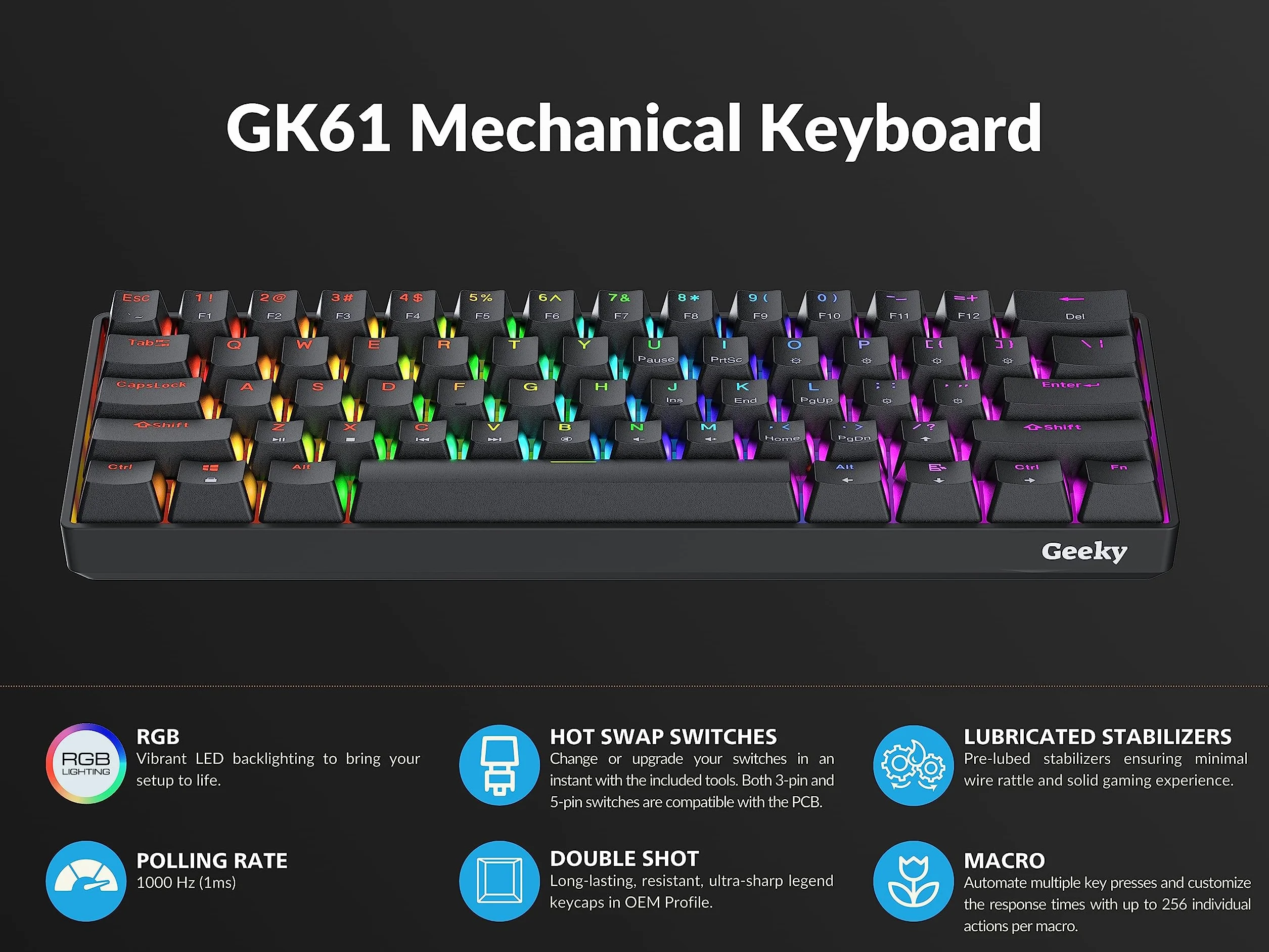Geeky GK61 60% | Hot Swappable Tastiera da Gioco Meccanica | 61 Tasti Multi Colore RGB LED Retroilluminati per Gaming su PC/Mac | ANSI US Tastiera Americana (Nero, Mechanical Red)