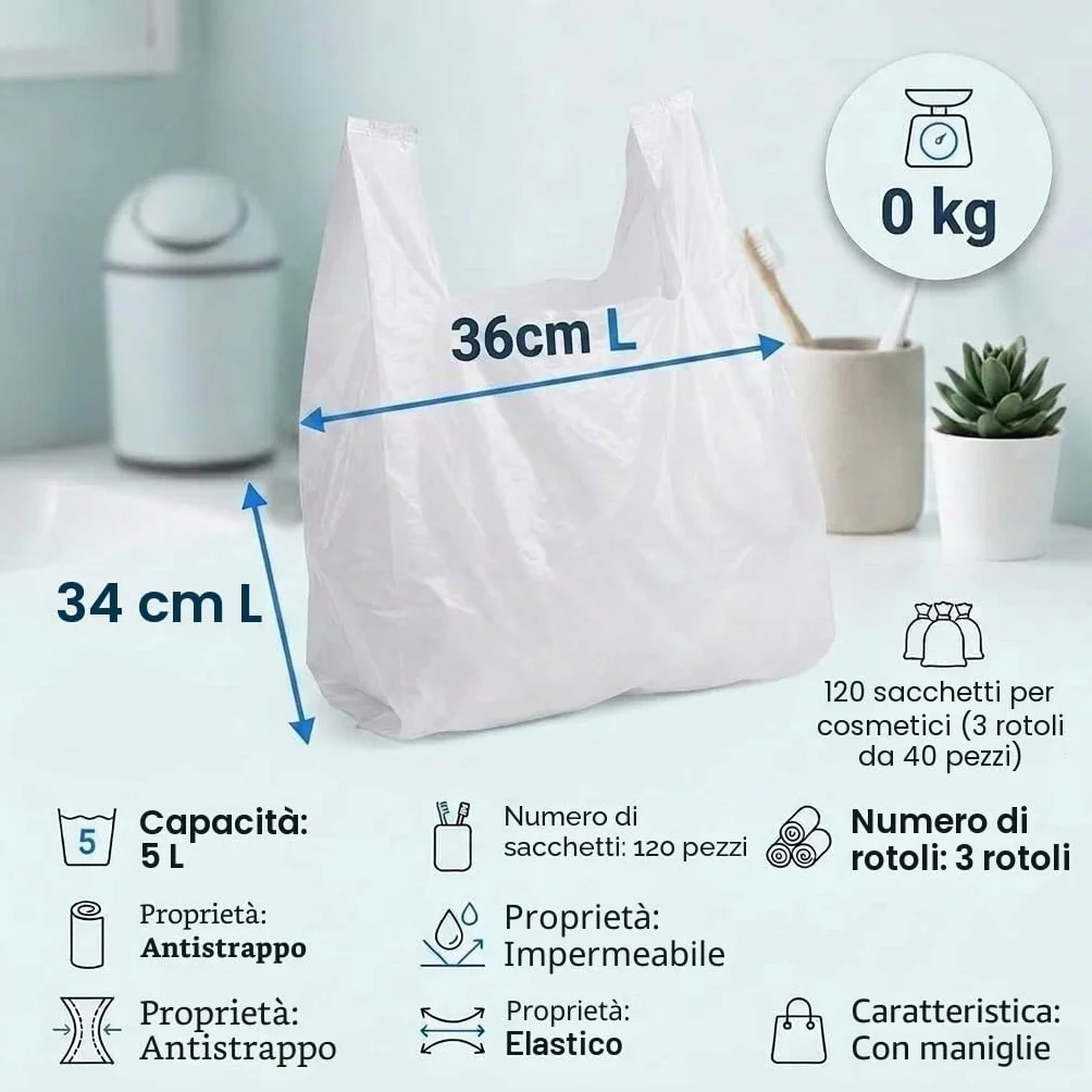 Sacchetti della spazzatura 5 litri 34x36 cm resistenti strappi impermeabili con manico confezione da 3