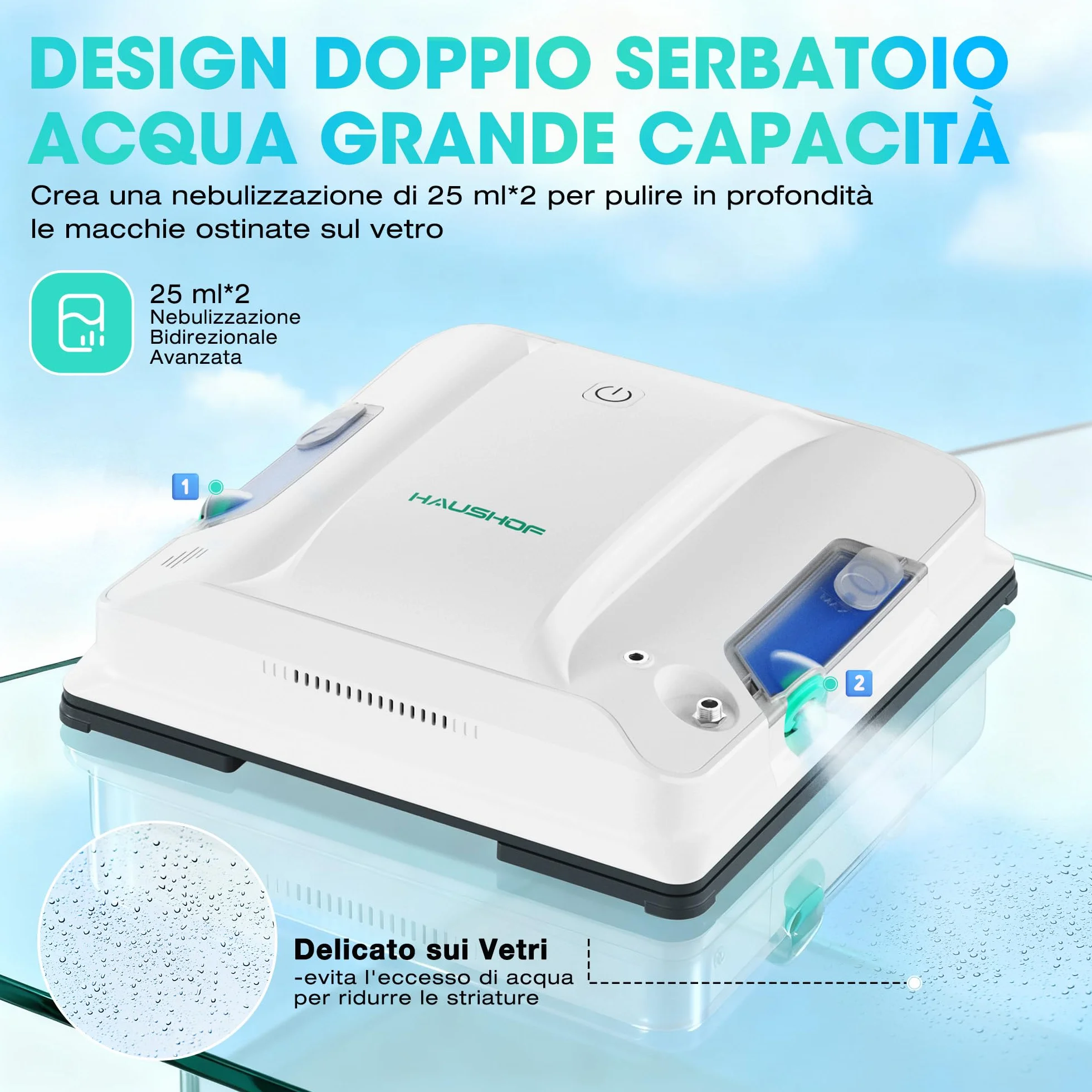 HAUSHOF Robot Lavavetri Finestre, Doppi Ugelli Spruzzo Ultrasonico, Percorso Intelligente, 3 Modalità Pulizia