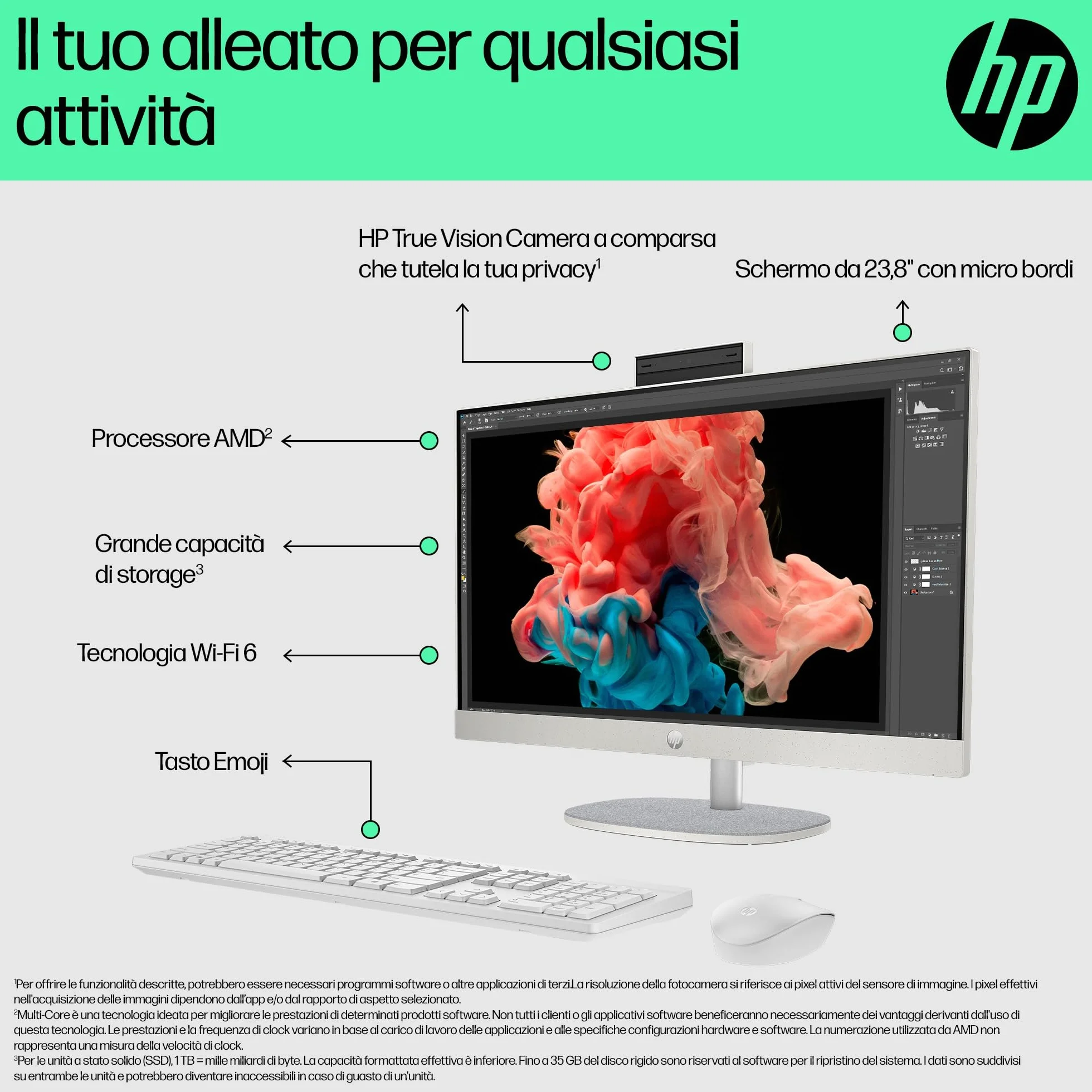 HP 24-cr0002sl All-in-One AMD Ryzen 3 7320U 8GB RAM LPDDR5 512GB SSD NVMe Display 23,8" FHD IPS Windows 11 Bianco